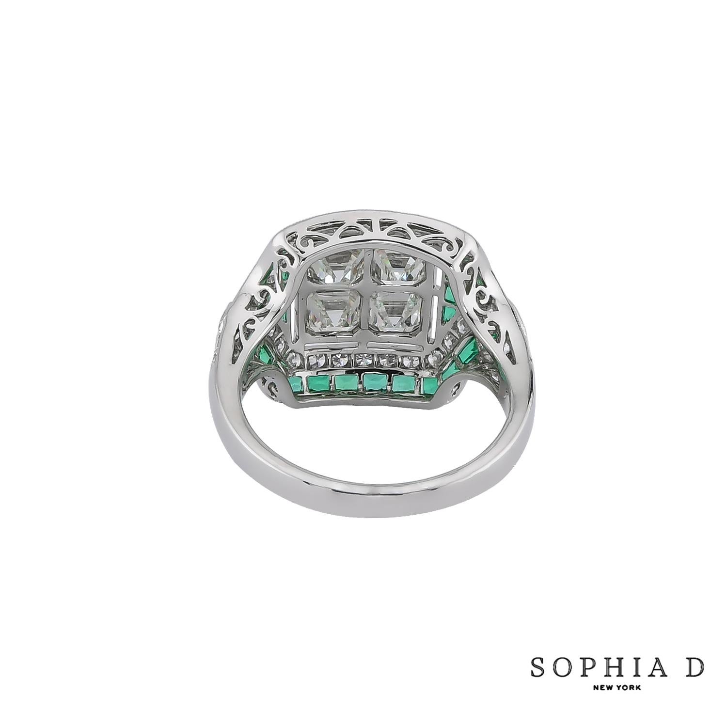 Sophia D Art Deco Style Diamond and Emerald Ring In New Condition For Sale In New York, NY