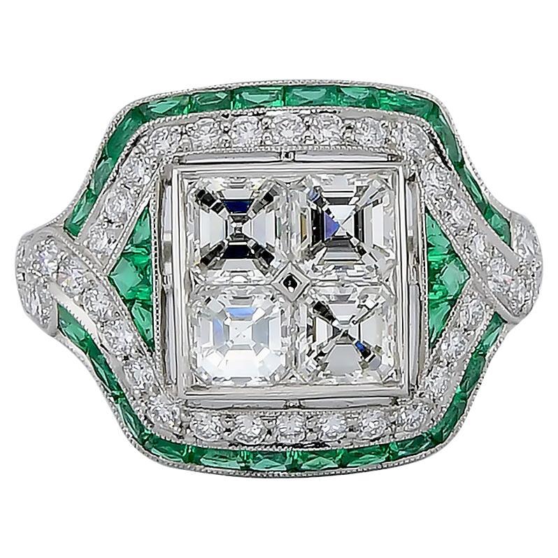 Sophia D Art Deco Style Diamond and Emerald Ring