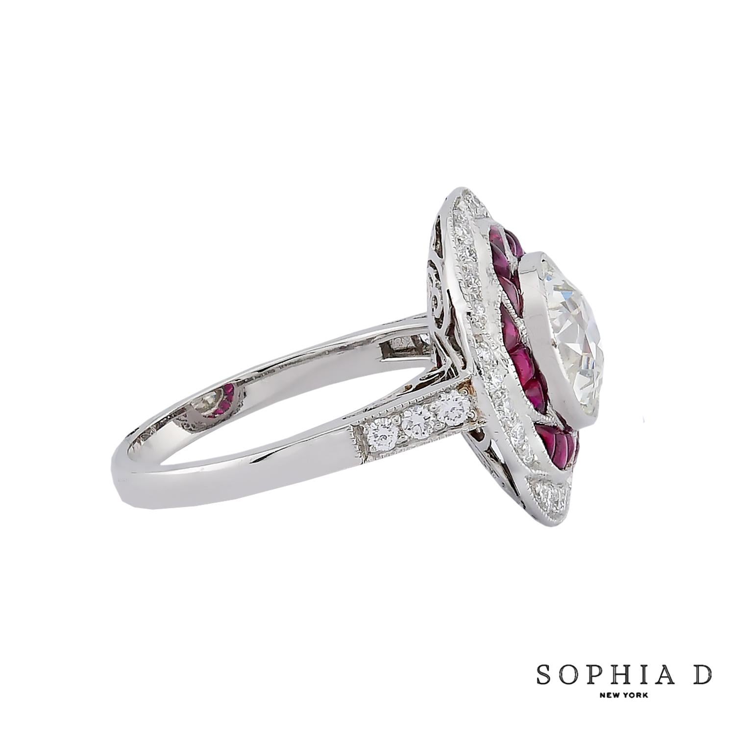 Introducing the Sophia D. Art Deco Style Diamond and Ruby Floral Ring. At its center is a stunning 2.01-carat round diamond, accented by rubies totaling 2.51 carats and 0.38 carats of diamonds. Set in platinum, this ring features a beautiful floral