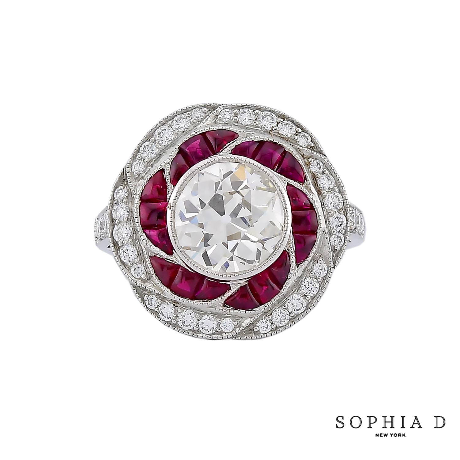 Sophia D. Art Deco Style Diamond and Ruby Floral Ring In New Condition For Sale In New York, NY