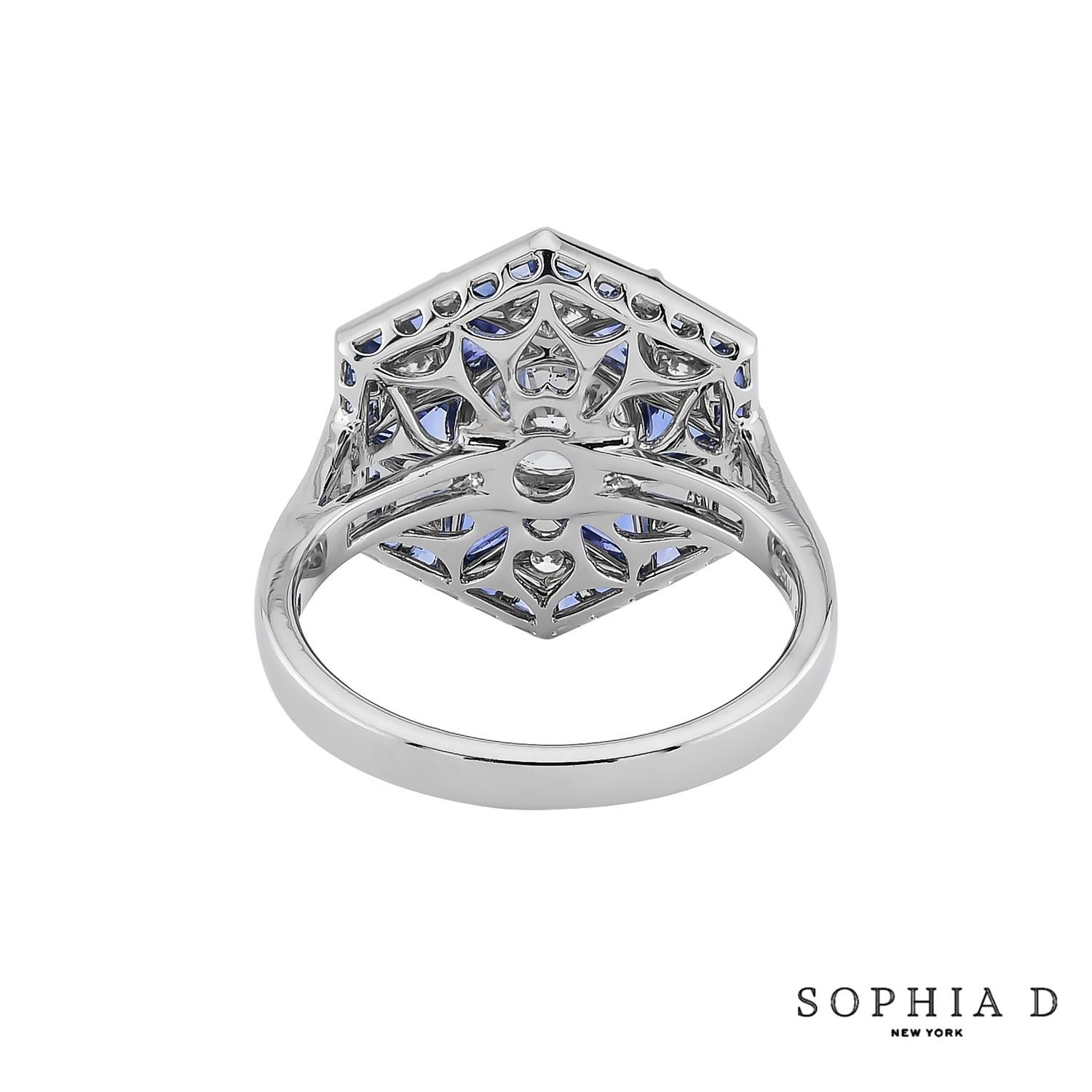 Round Cut Sophia D Art Deco Style Ring with 1.01 Carat Center Diamond & Blue Sapphire For Sale