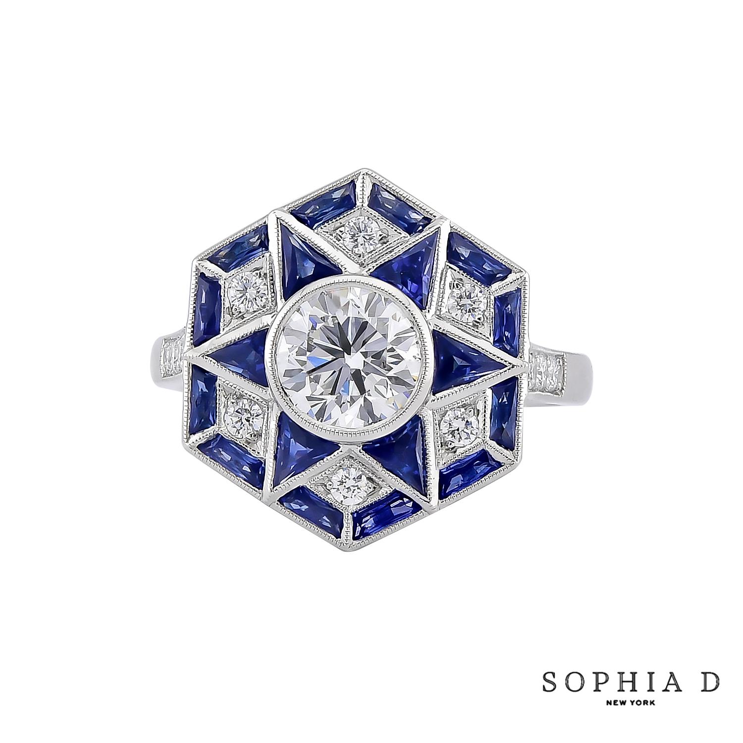 Sophia D Art Deco Style Ring with 1.01 Carat Center Diamond & Blue Sapphire In New Condition For Sale In New York, NY