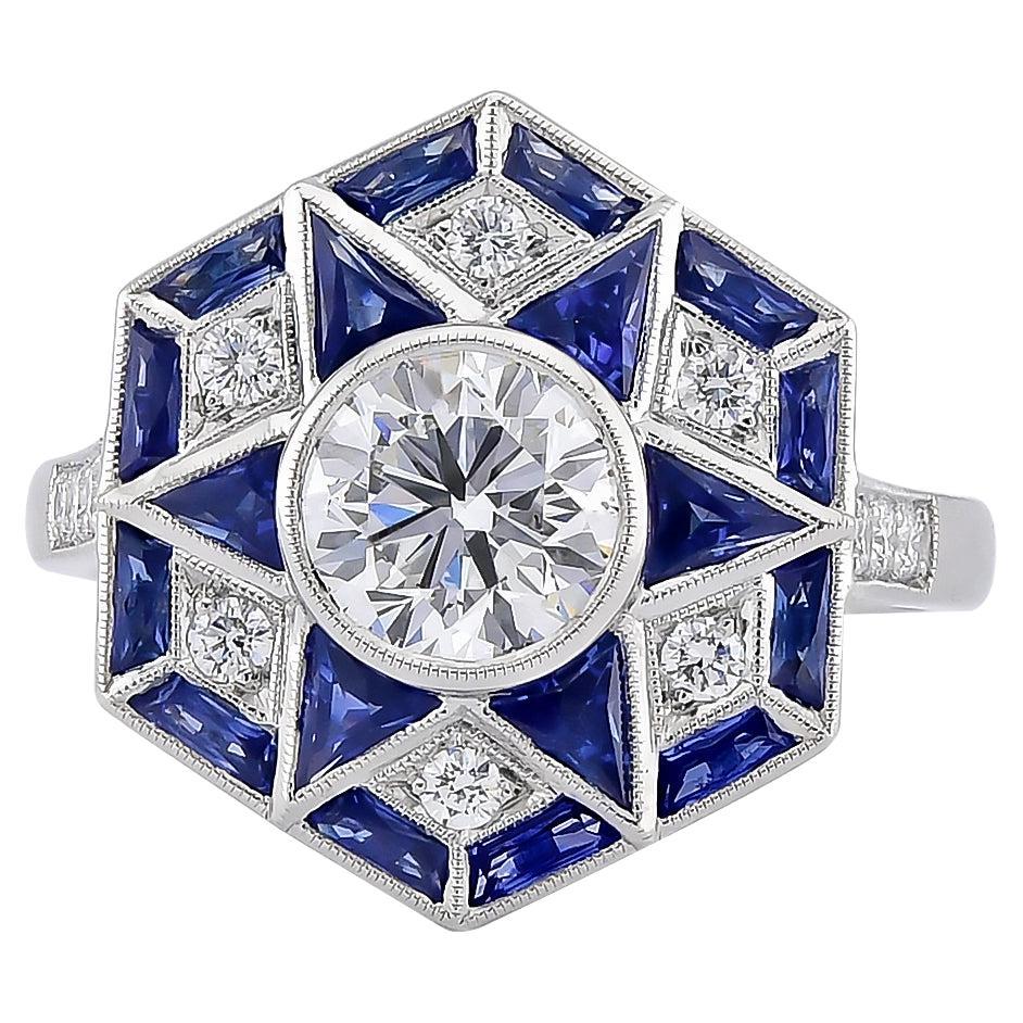 Sophia D Art Deco Style Ring with 1.01 Carat Center Diamond & Blue Sapphire