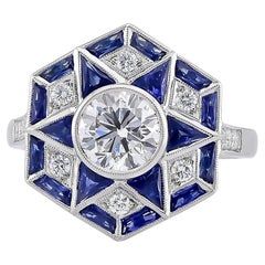Sophia D Art Deco Style Ring with 1.01 Carat Center Diamond & Blue Sapphire
