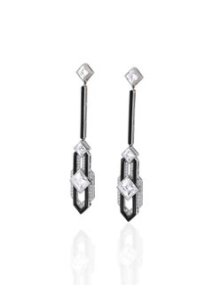 Sophia D Art Deco Style Square Cut Diamond and Onyx Drop Earrings