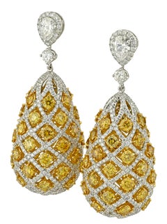 Sophia D Art Deco Yellow and White Diamond Drop Earrings Platinum and 18K Yellow