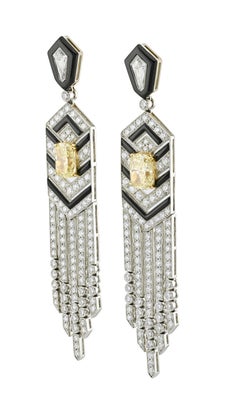 Sophia D Art Deco Yellow and White Diamond Onyx Fringe Earrings Platinum and 18K