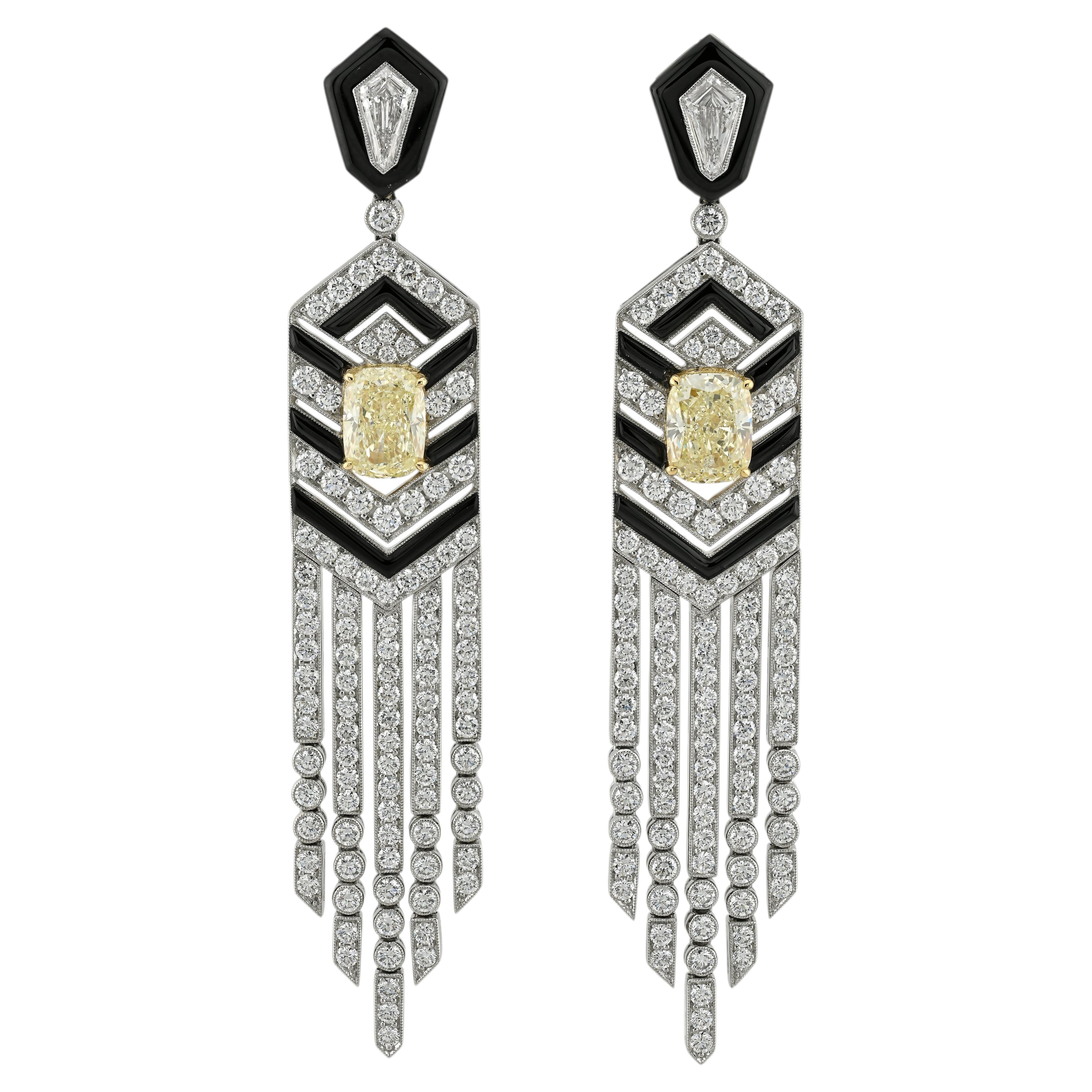 Sophia D Art Deco Yellow and White Diamond Onyx Fringe Earrings Platinum and 18K For Sale
