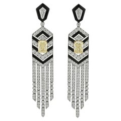 Sophia D Art Deco Yellow and White Diamond Onyx Fringe Earrings Platinum and 18K