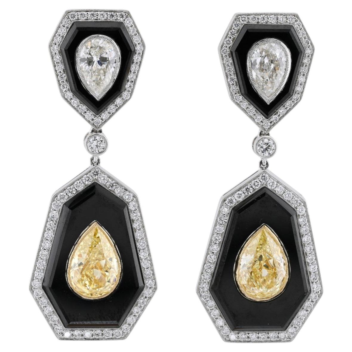 Sophia D Art Deco Yellow Diamond and Onyx Drop Earrings Platinum & 18K Yellow Go