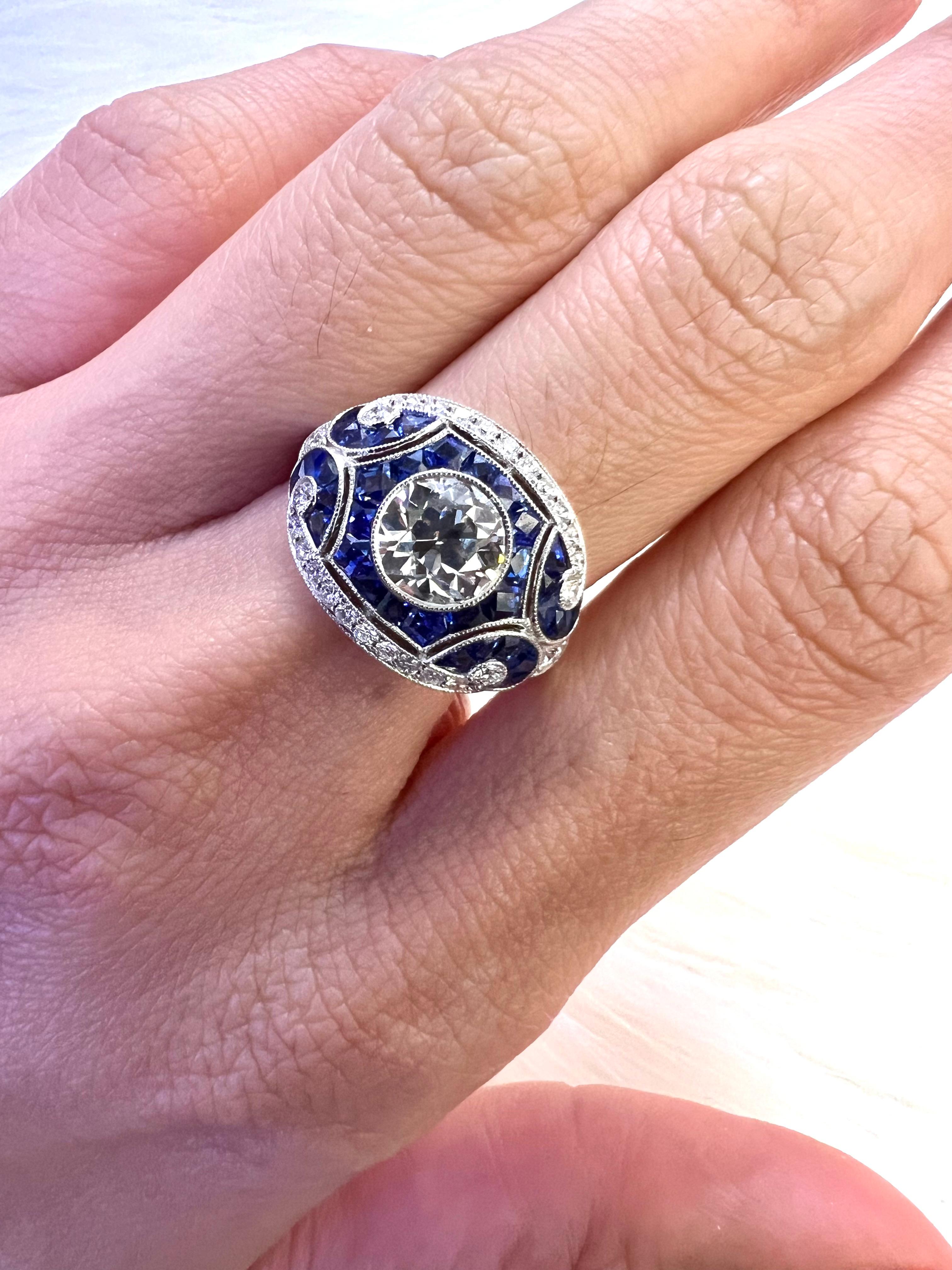 Sophia D. Blue Sapphire and Diamond Art Deco Ring In New Condition For Sale In New York, NY