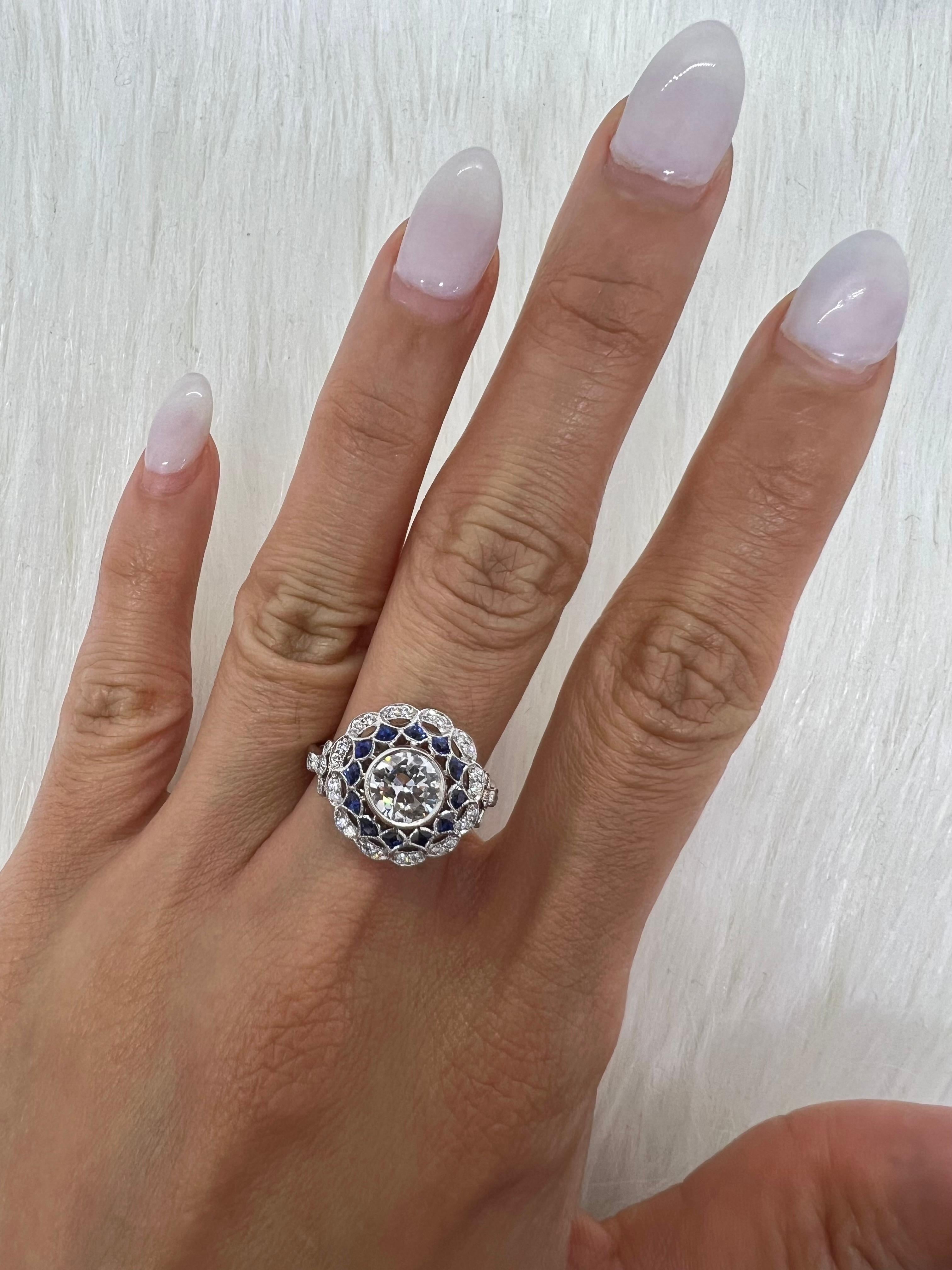 Women's or Men's Sophia D. Blue Sapphire and Diamond Art Deco Ring For Sale