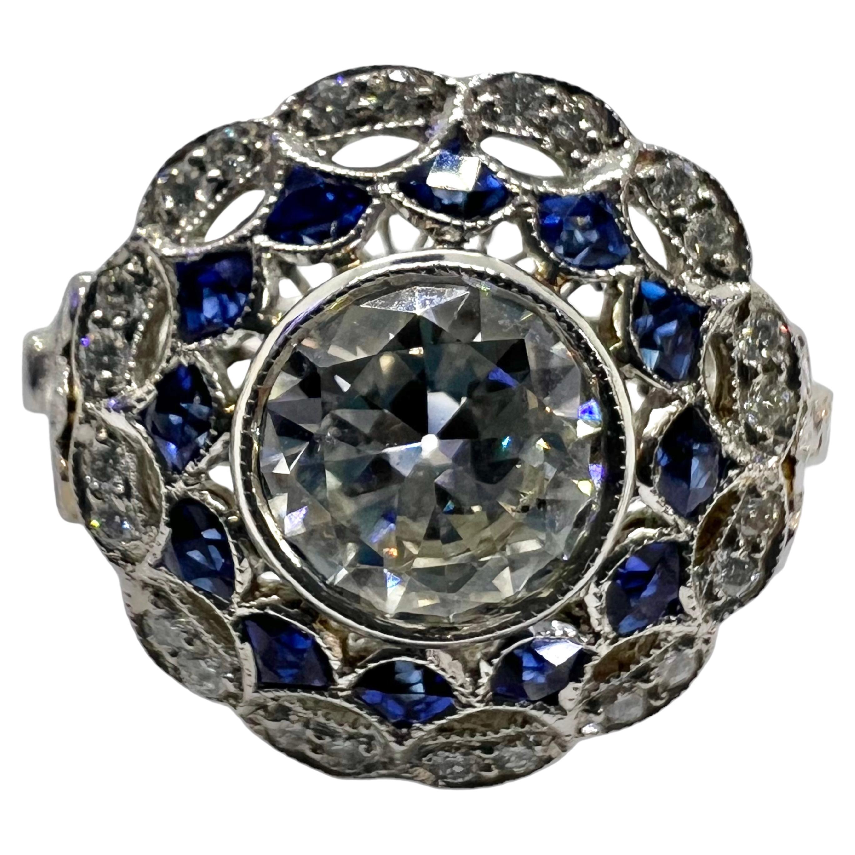 Sophia D. Blue Sapphire and Diamond Art Deco Ring For Sale