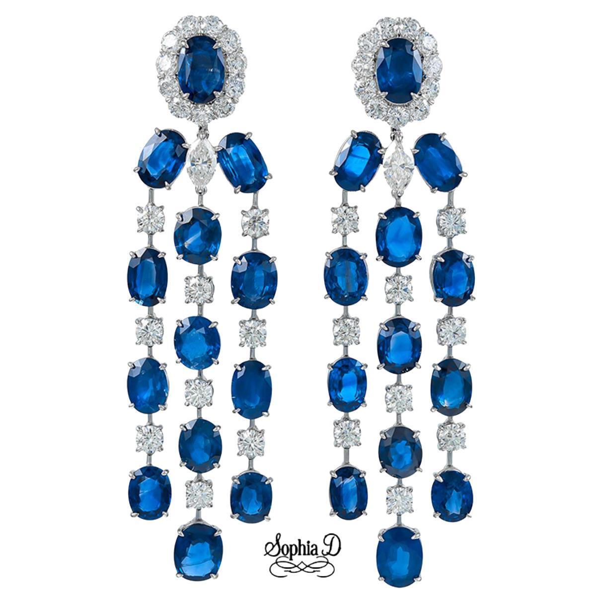 Sophia D. Boucles d'oreilles en platine avec saphir bleu et diamants