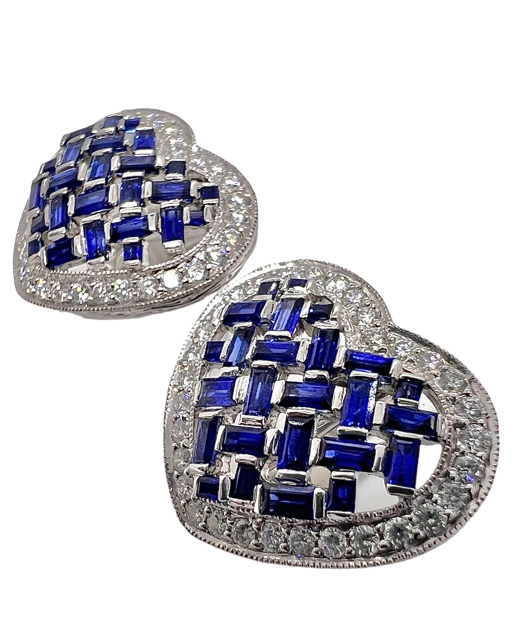 Herzförmige Ohrringe aus Platin mit 1,15 Karat Diamanten und 2,69 Karat blauen Saphiren. 

Sophia D von Joseph Dardashti LTD ist seit 35 Jahren weltweit bekannt und lässt sich vom klassischen Art-Déco-Design inspirieren, das mit modernen