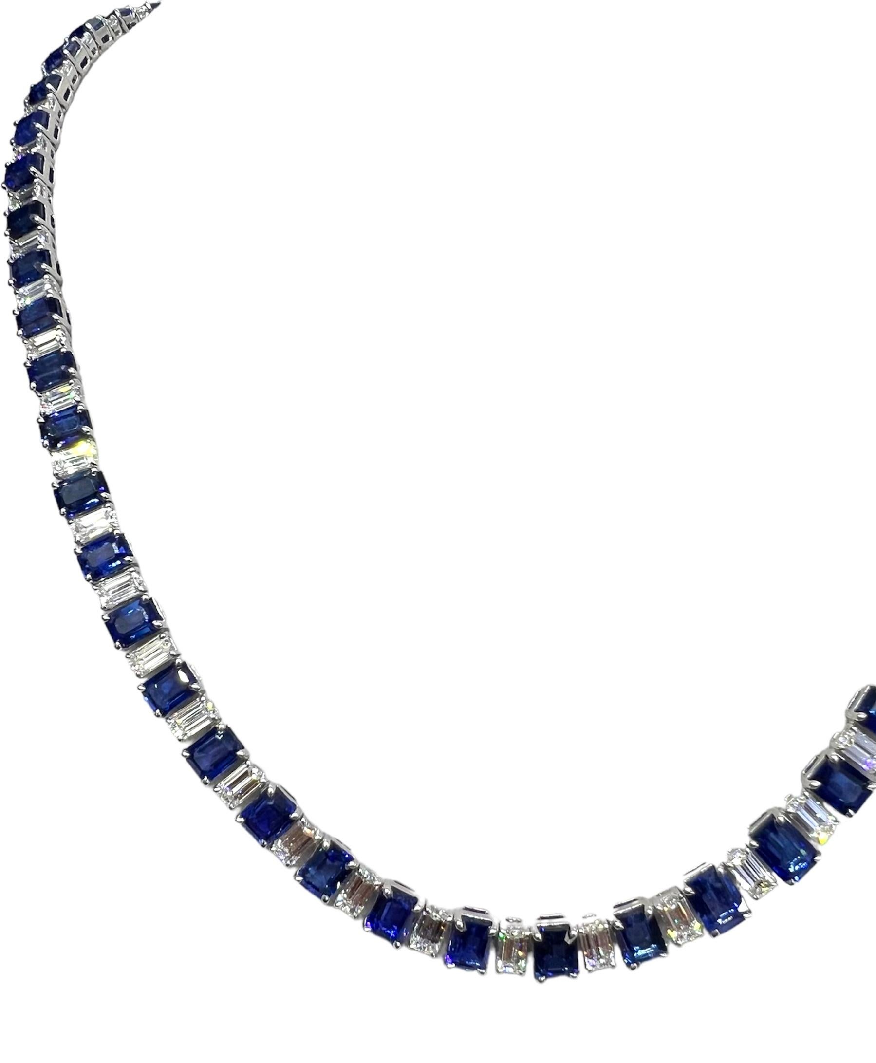 Emerald Cut Sophia D. Blue Sapphire and Diamond Necklace For Sale