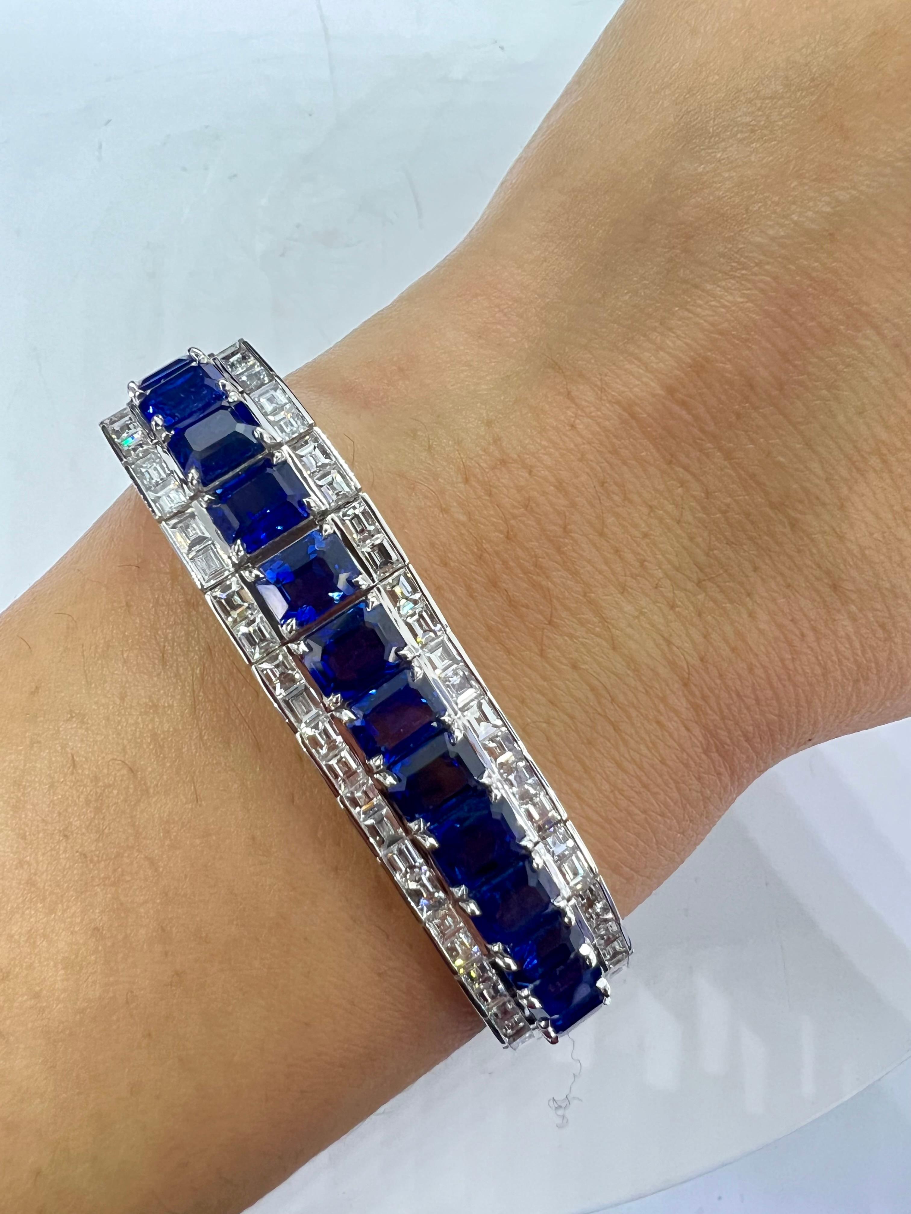 Emerald Cut Sophia D. Blue Sapphire and Diamond Platinum Bracelet For Sale