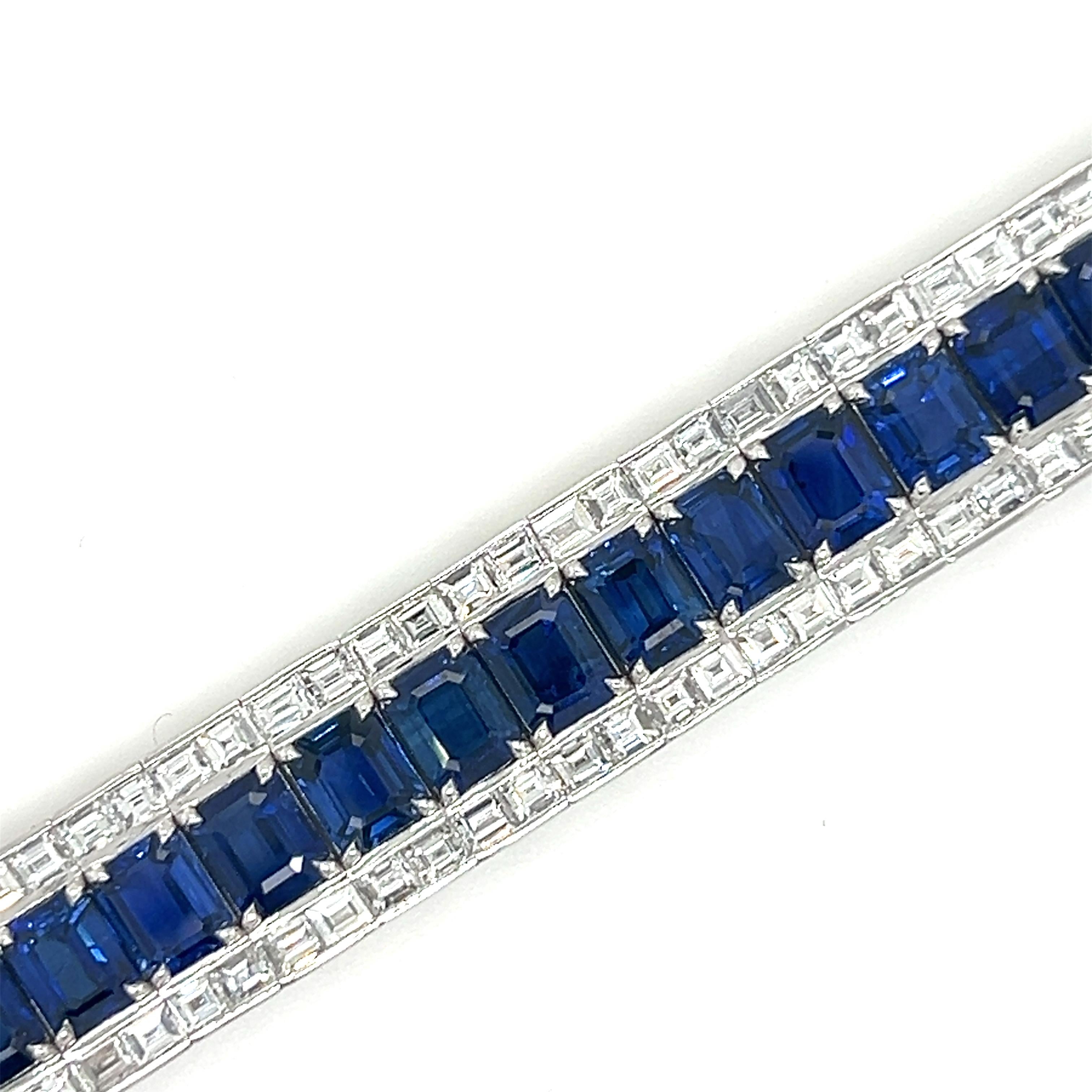 Emerald Cut Sophia D. Blue Sapphire and Diamond Platinum Bracelet For Sale