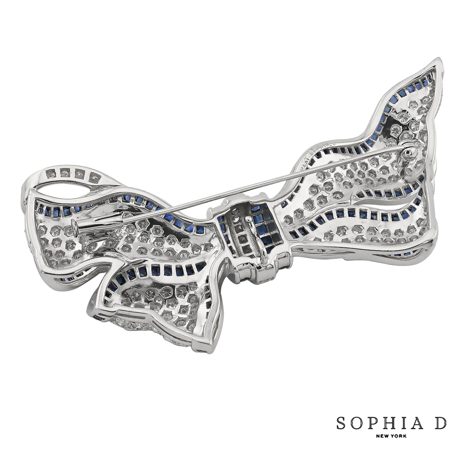 Round Cut Sophia D. Blue Sapphire and Diamond Ribbon Brooch For Sale