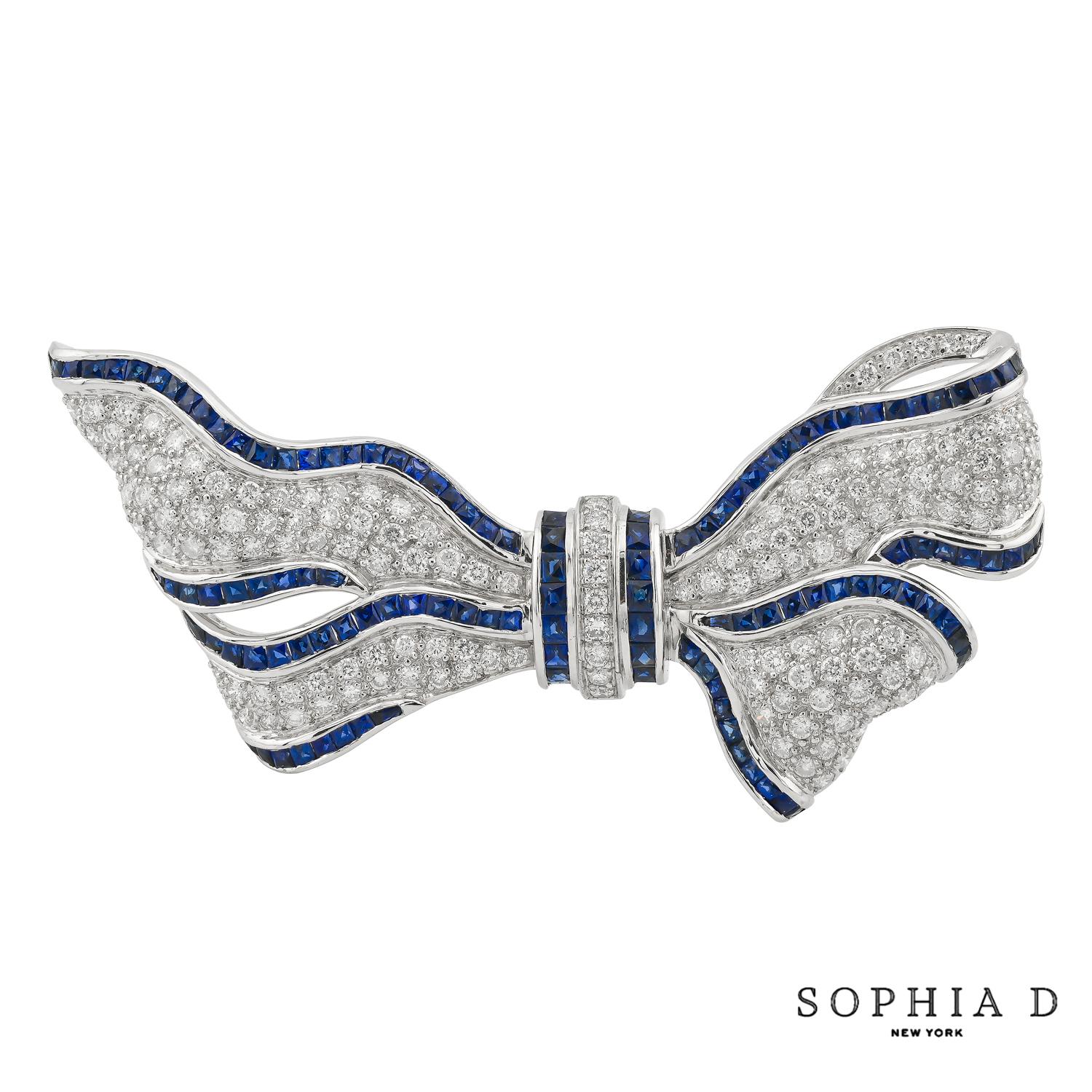 Sophia D. Blue Sapphire and Diamond Ribbon Brooch In New Condition For Sale In New York, NY
