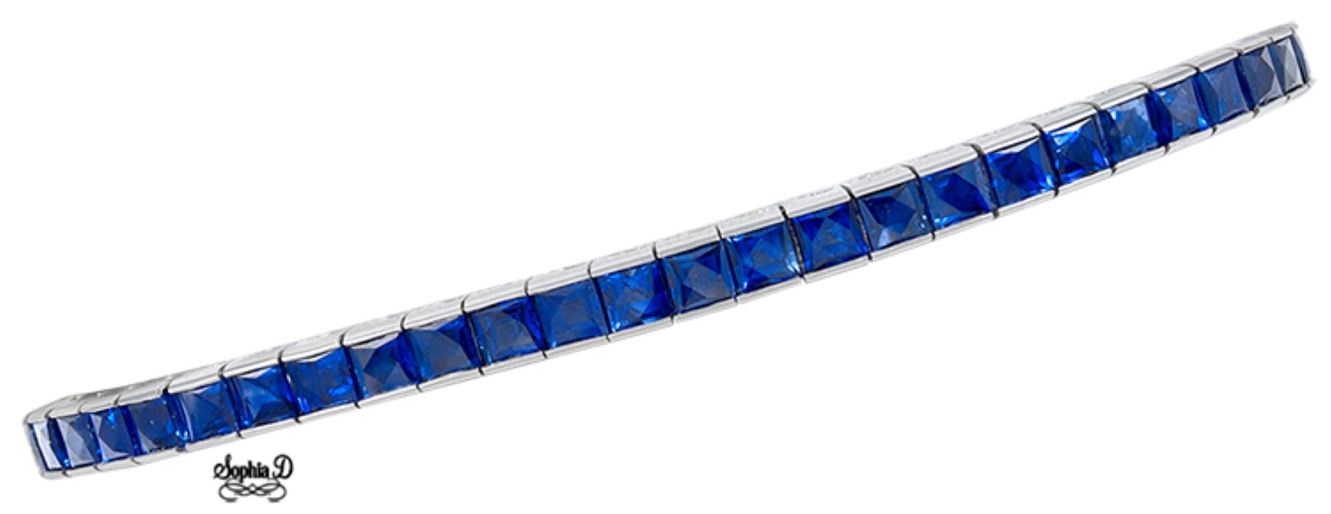 Square Cut Sophia D. Blue Sapphire Tennis Bracelet in Platinum For Sale