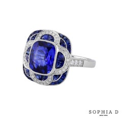 Sophia D Halo-Ring aus Platin mit Saphir und Diamant im Kissenschliff