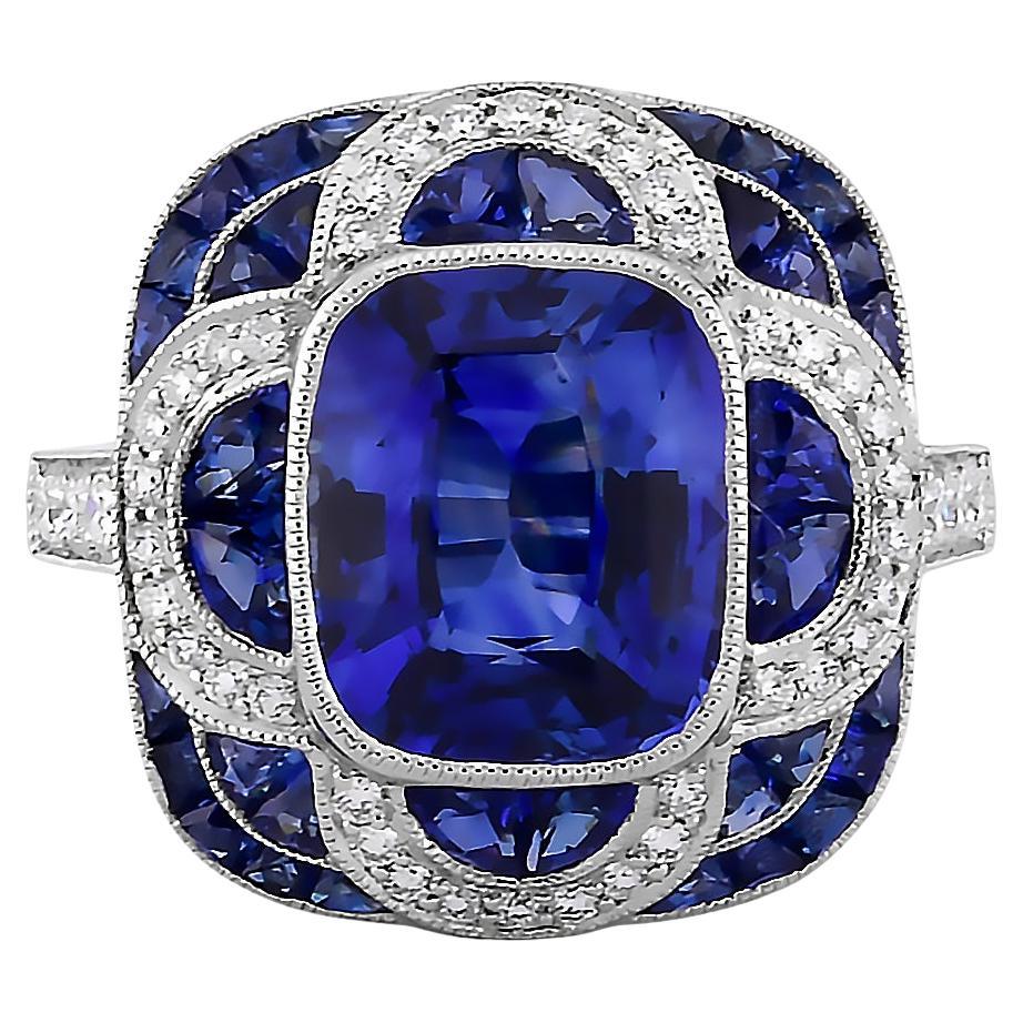 Sophia D. Anello con zaffiro taglio cuscino e diamanti a raggiera in platino in vendita