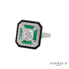 Sophia D Cushion Diamond, Emerald, and Onyx Halo Ring in Platinum