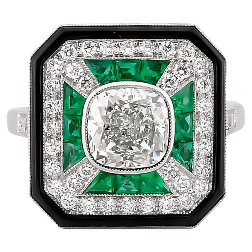 Sophia D Cushion Diamant, Smaragd und Onyx Halo Ring in Platin im Angebot