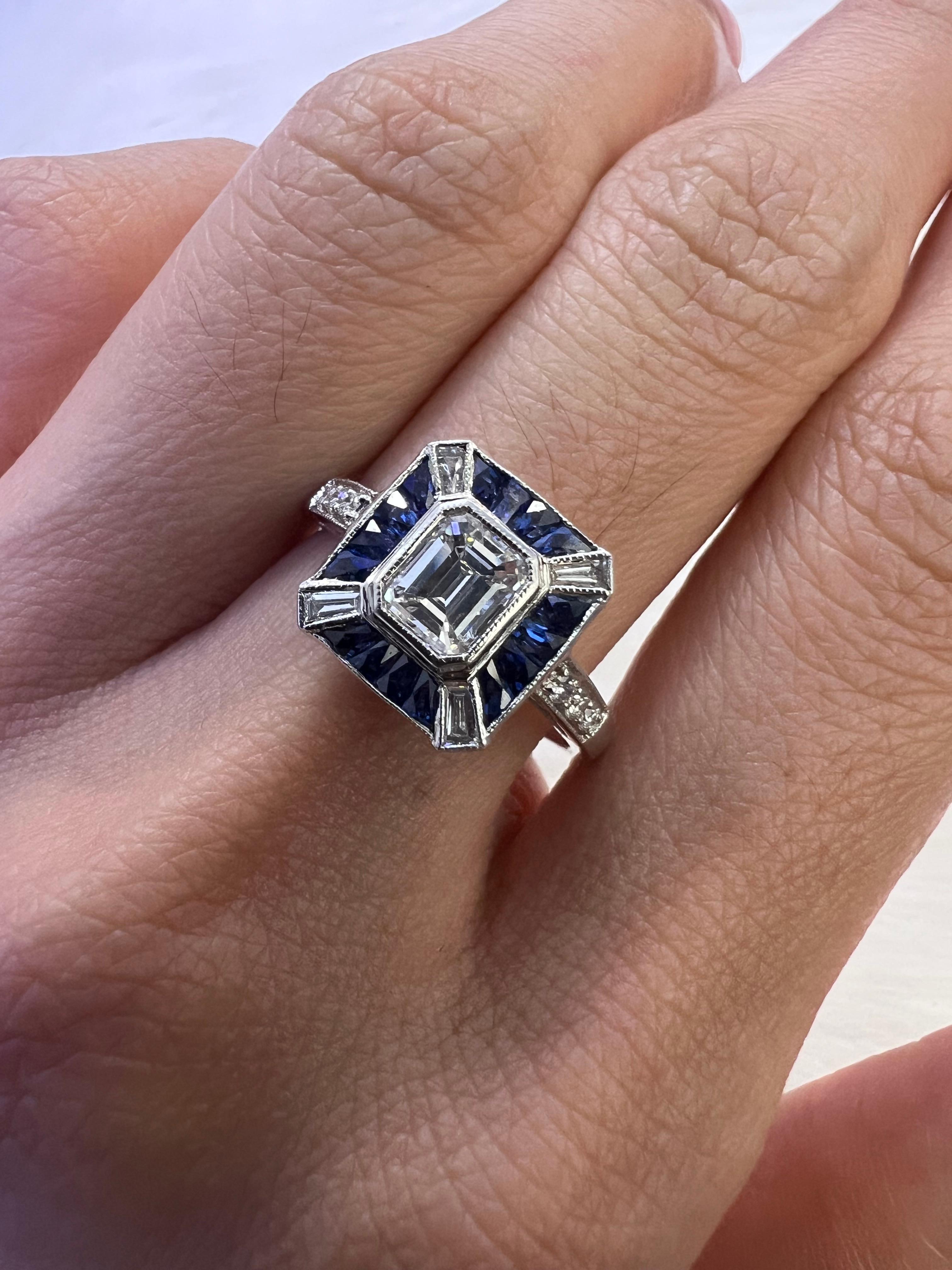 Emerald Cut Sophia D. Diamond and Blue Sapphire Art Deco Ring For Sale
