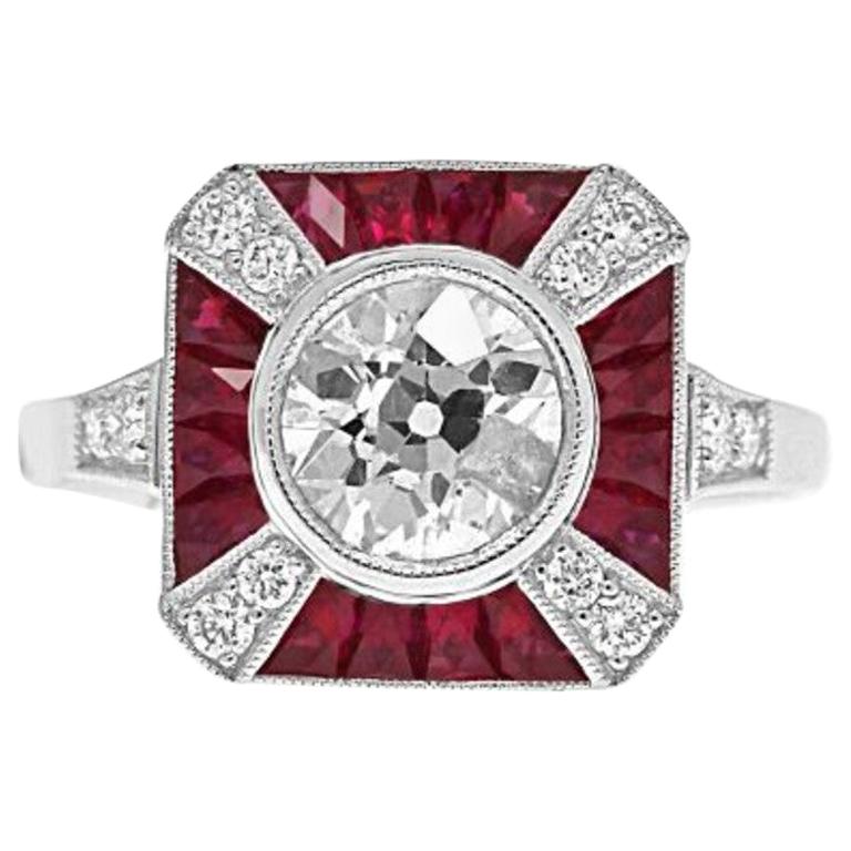 Bague Art déco en platine avec diamants et rubis Sophia D. en vente