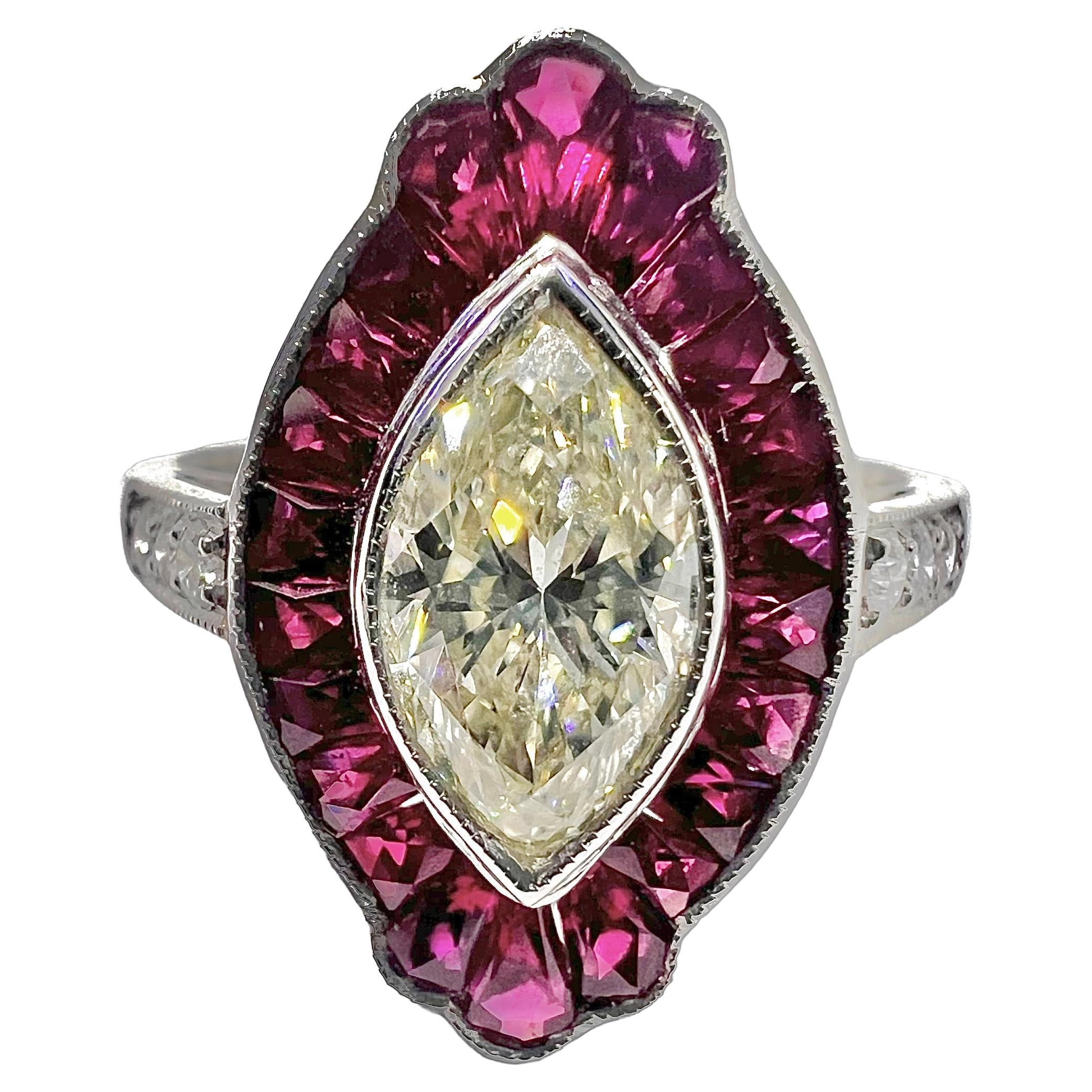 Sophia D. Diamond and Ruby Art Deco Style Platinum Ring For Sale