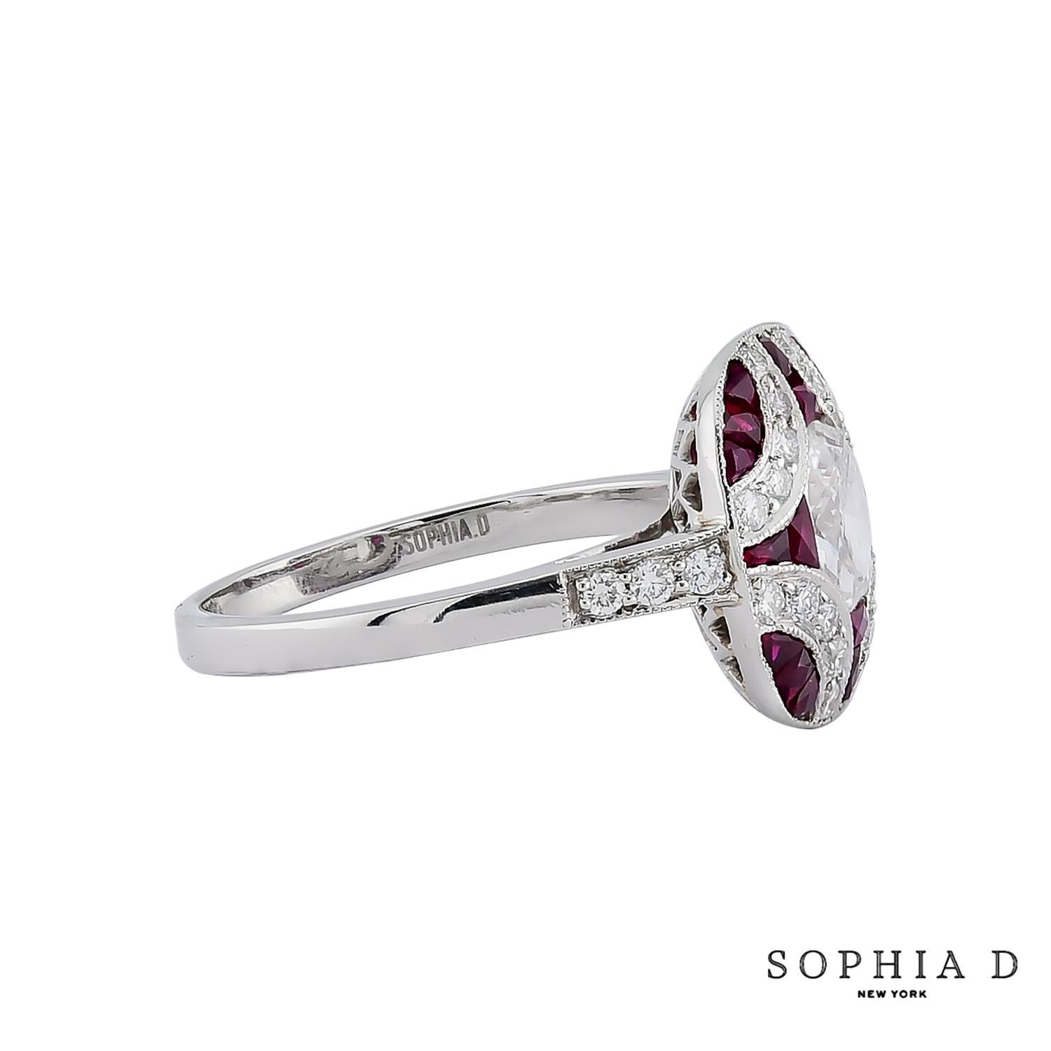 Questo anello Sophia D. presenta al centro un diamante dal taglio ovale di 0,70 carati. Accentuato da vibranti rubini per un totale di 1,59 carati e diamanti per un peso totale di 0,37 carati, questo pezzo è incastonato in platino. La combinazione