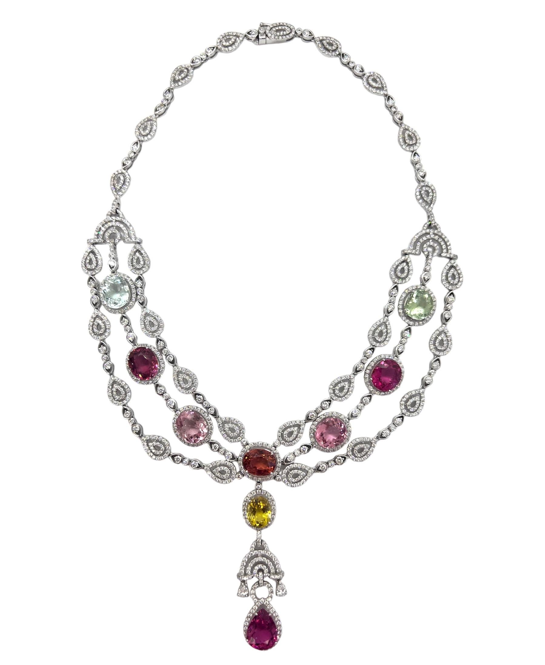 Sophia D. necklace set in white gold features a 16.98 carat diamond and 46.15 carat tourmaline. 

Sophia D by Joseph Dardashti LTD has been known worldwide for 35 years and are inspired by classic Art Deco design that merges with modern