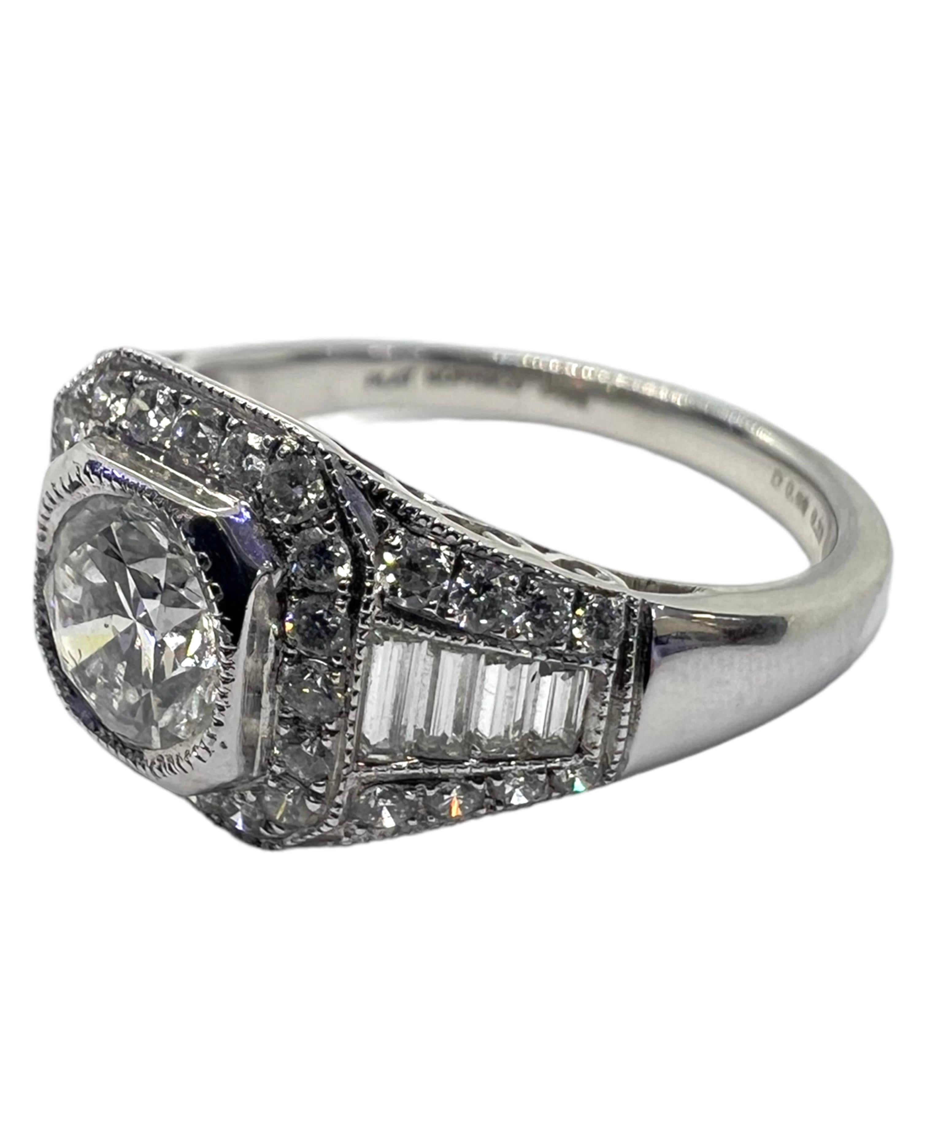 Art deco ring set in platinum with .68 carat round cut diamond center and .54 carat small diamonds.

Sophia D by Joseph Dardashti LTD has been known worldwide for 35 years and are inspired by classic Art Deco design that merges with modern