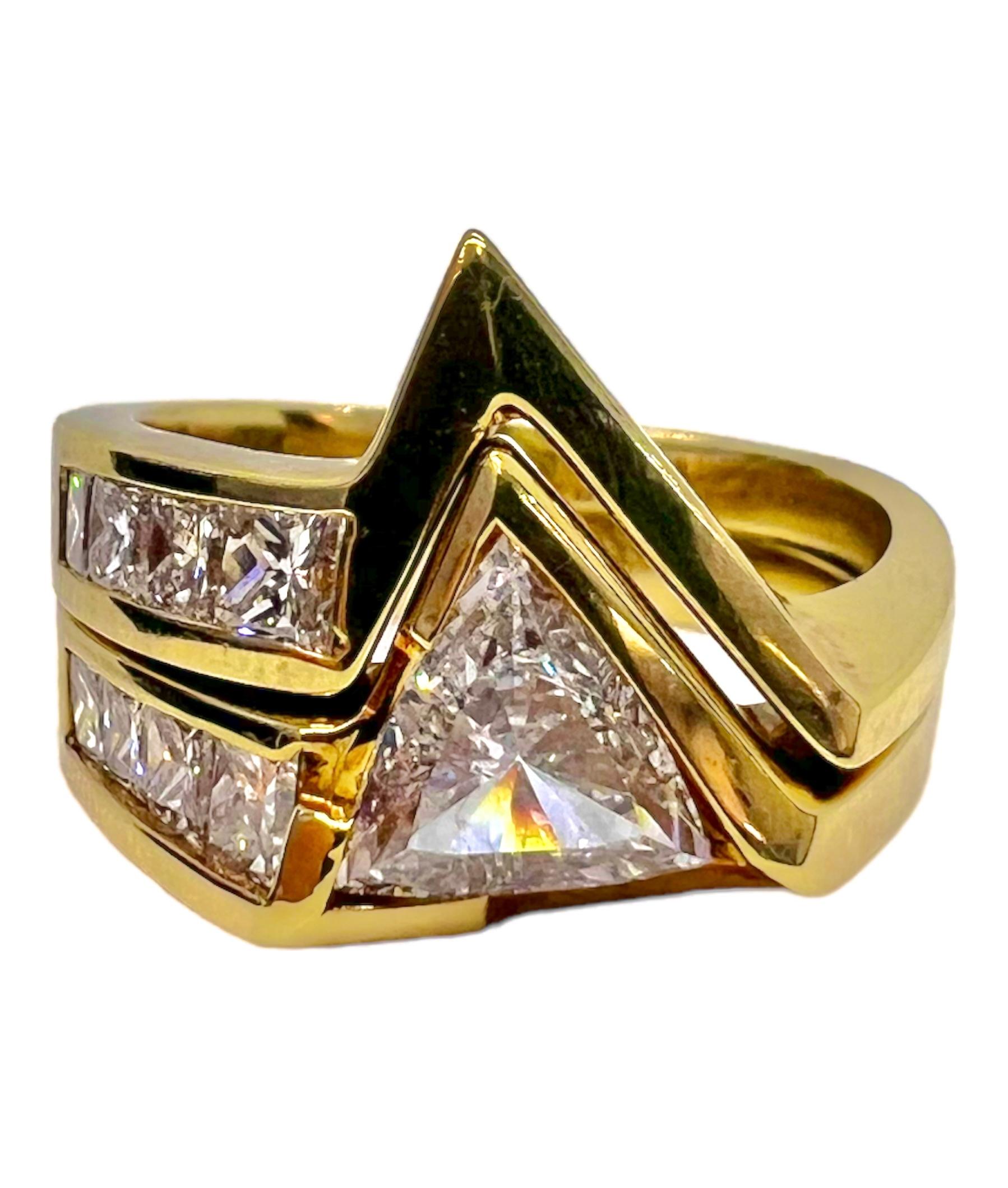 Stunning lovers ring made by Sophia D. with trillion cut and square cut diamonds set in 14K yellow gold. 

Sophia D by Joseph Dardashti LTD has been known worldwide for 35 years and are inspired by classic Art Deco design that merges with modern
