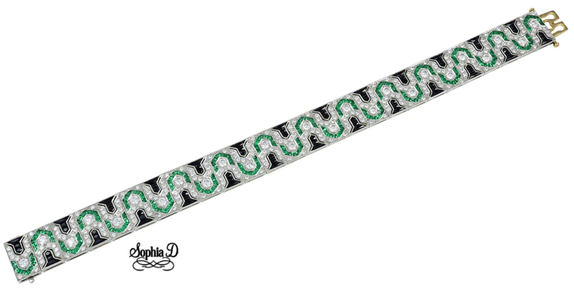 Sophia D Art Deco inspired platinum bracelet that features 4.59 carats of diamond and 6.69 carats of green emerald with onyx.

Sophia D by Joseph Dardashti LTD has been known worldwide for 35 years and are inspired by classic Art Deco design that