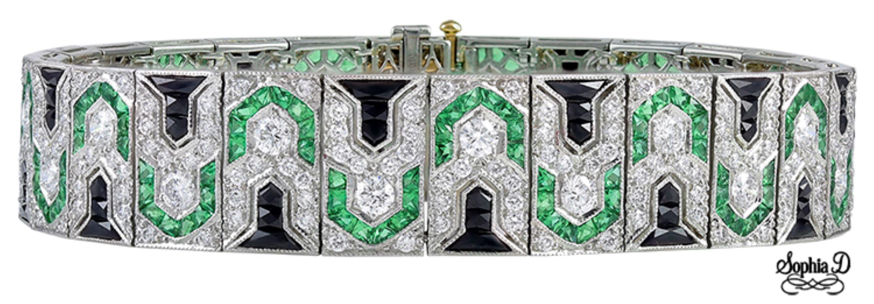 Round Cut Sophia D. Diamond, Onyx and Emerald Art Deco Platinum Bracelet For Sale
