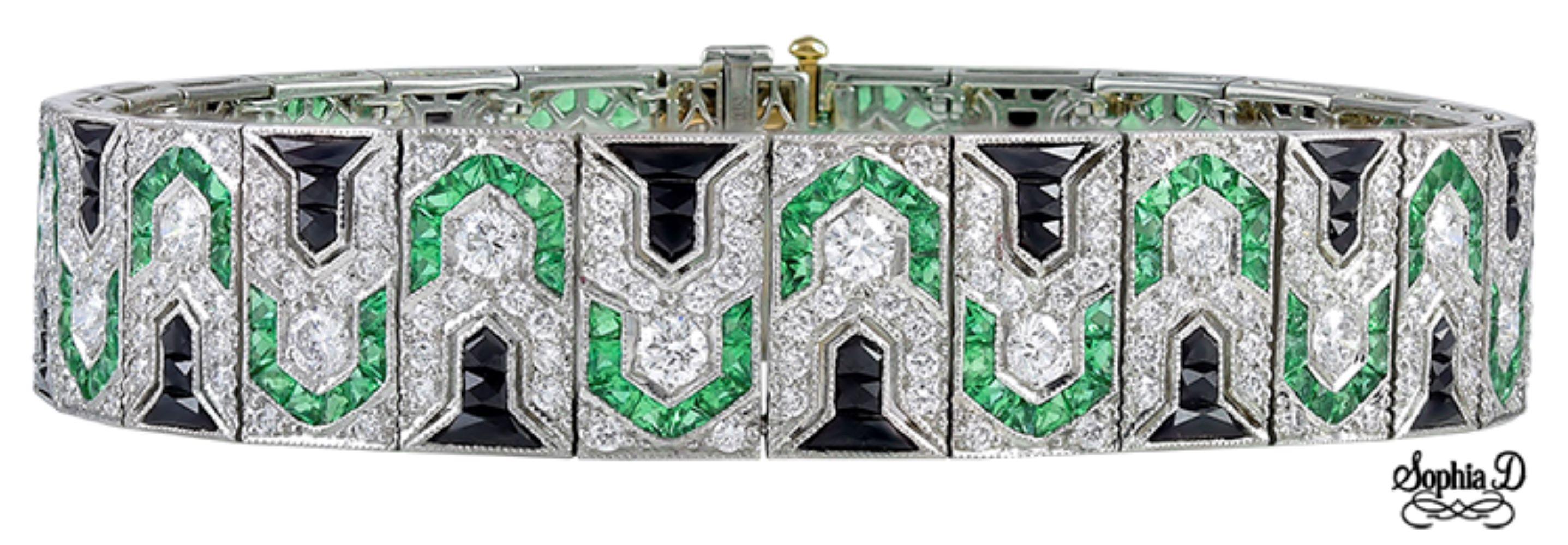 Art Déco Sophia D. Bracciale in platino Art Deco con diamanti, onice e smeraldo in vendita