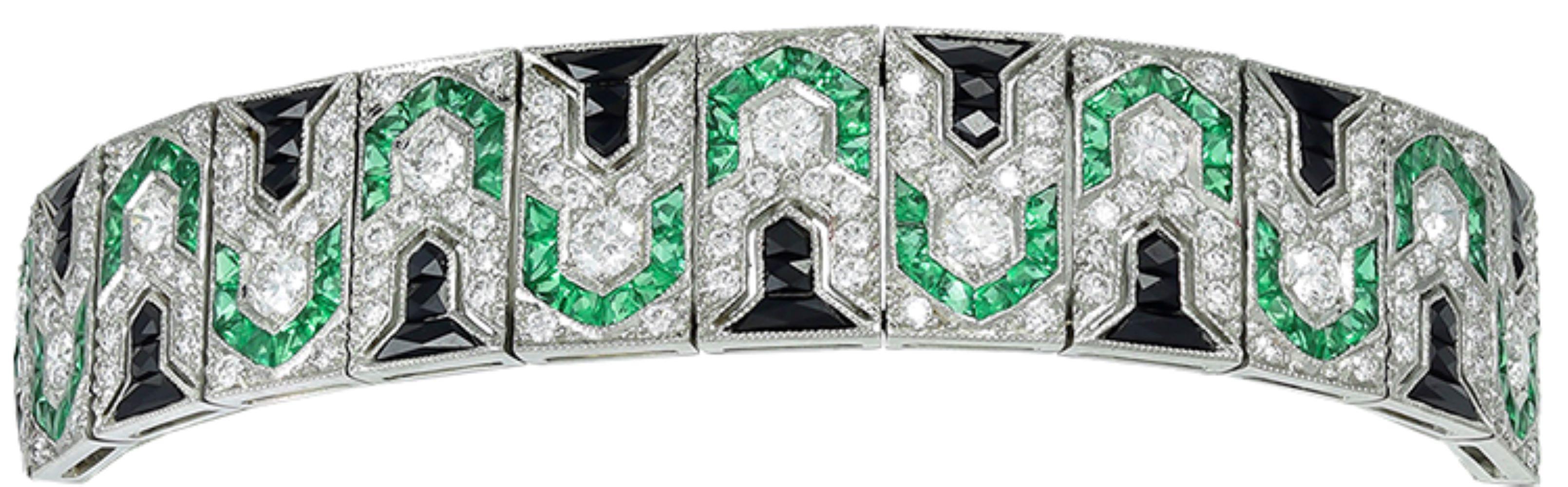 Women's or Men's Sophia D. Diamond, Onyx and Emerald Art Deco Platinum Bracelet For Sale