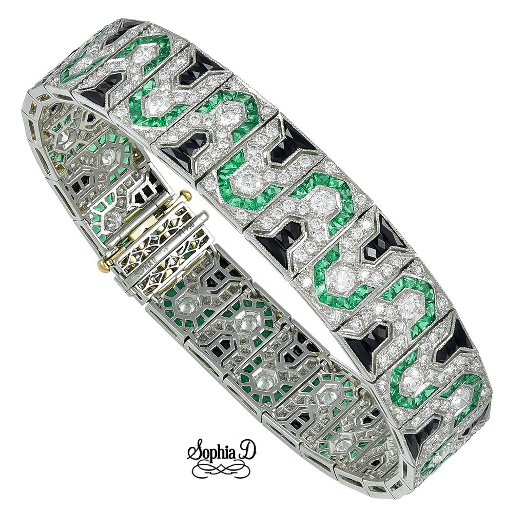 Sophia D. Diamond, Onyx and Emerald Art Deco Platinum Bracelet For Sale 1