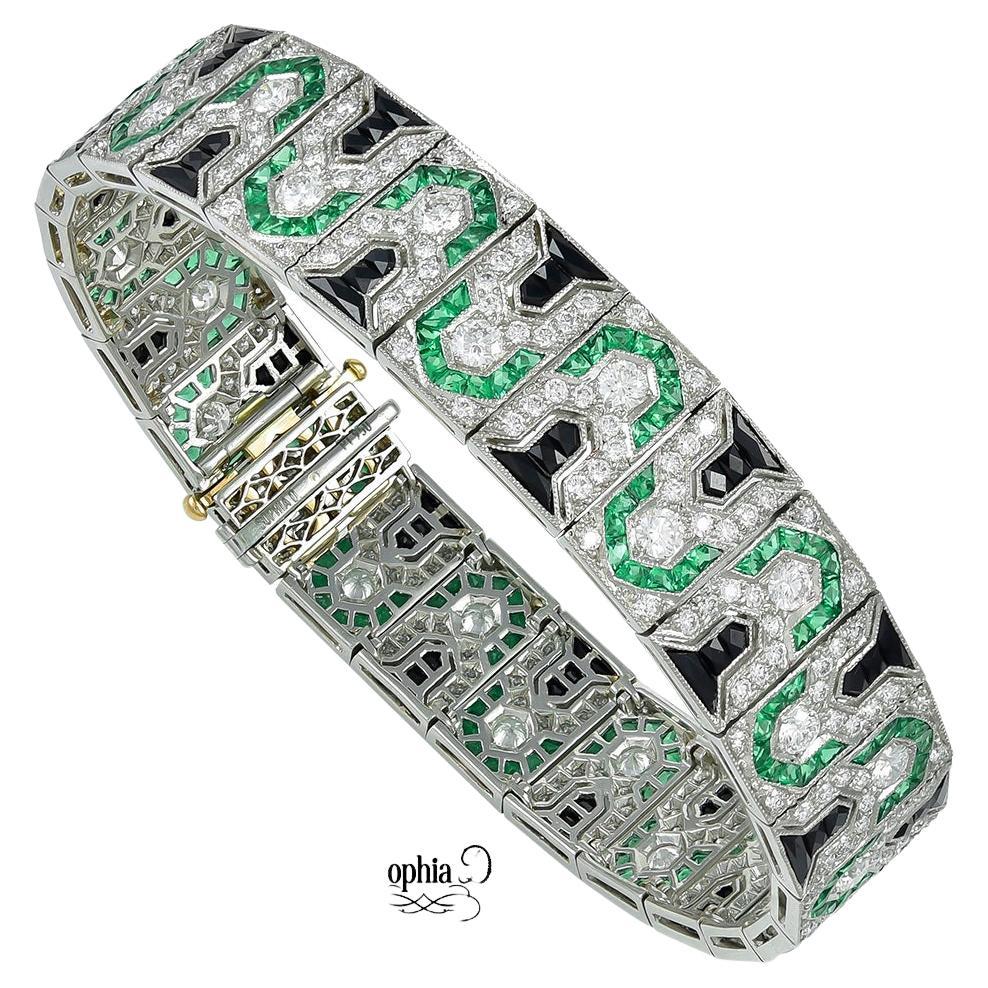 Sophia D. Diamond, Onyx and Emerald Art Deco Platinum Bracelet For Sale