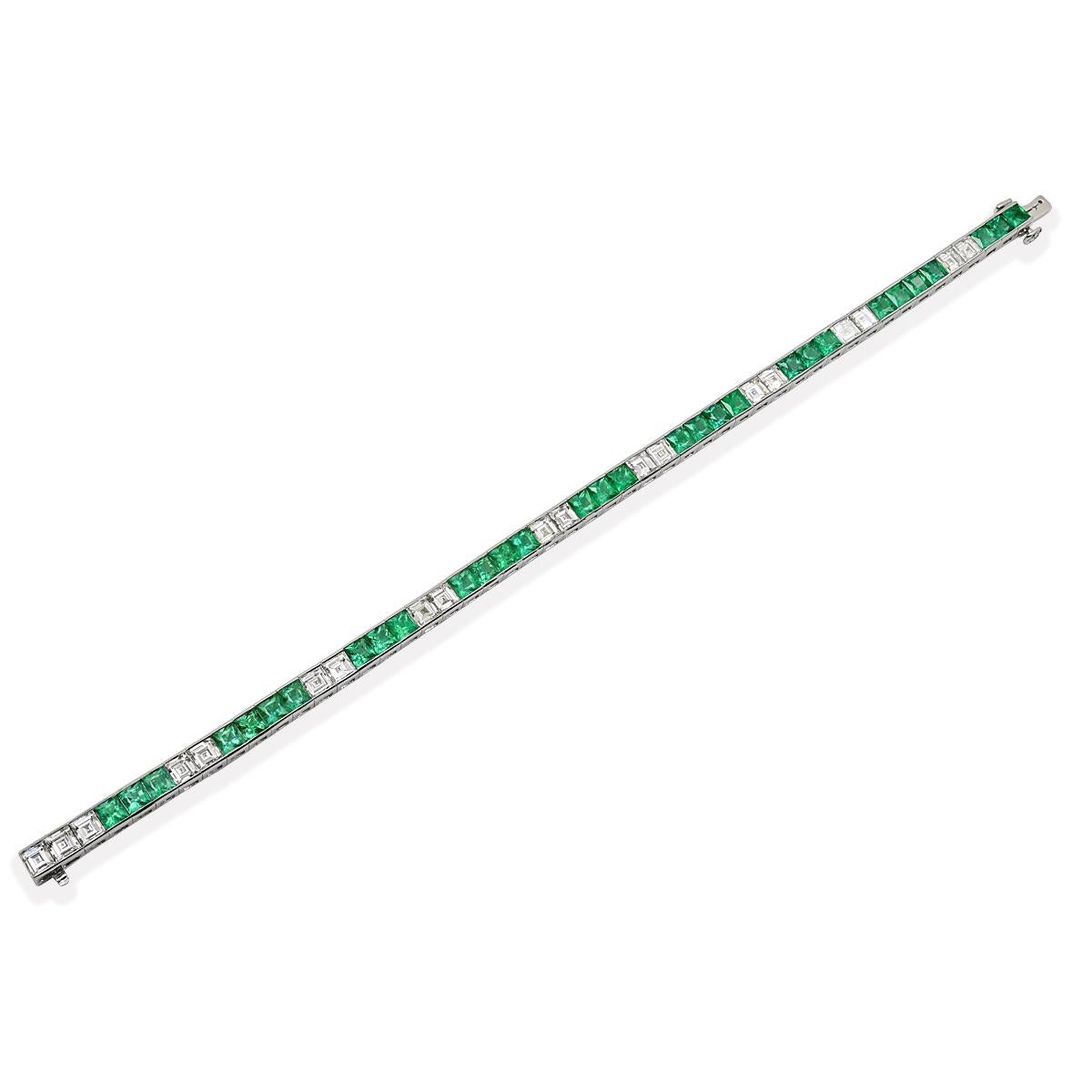 A Sophia D line bracelet featuring french cut emeralds and asscher cut diamonds set in platinum.

Total diamond weight: 5.05 carats
Total emerald weight: 6.37 carats

Standard size, 7 inches.

This bracelet can be customized. Please allow up to 16