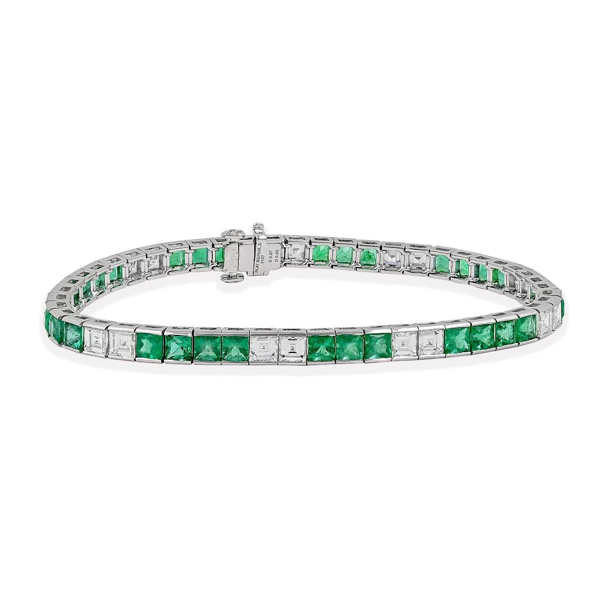 Art Deco Sophia D. French Cut Emerald and Diamond Line Bracelet For Sale