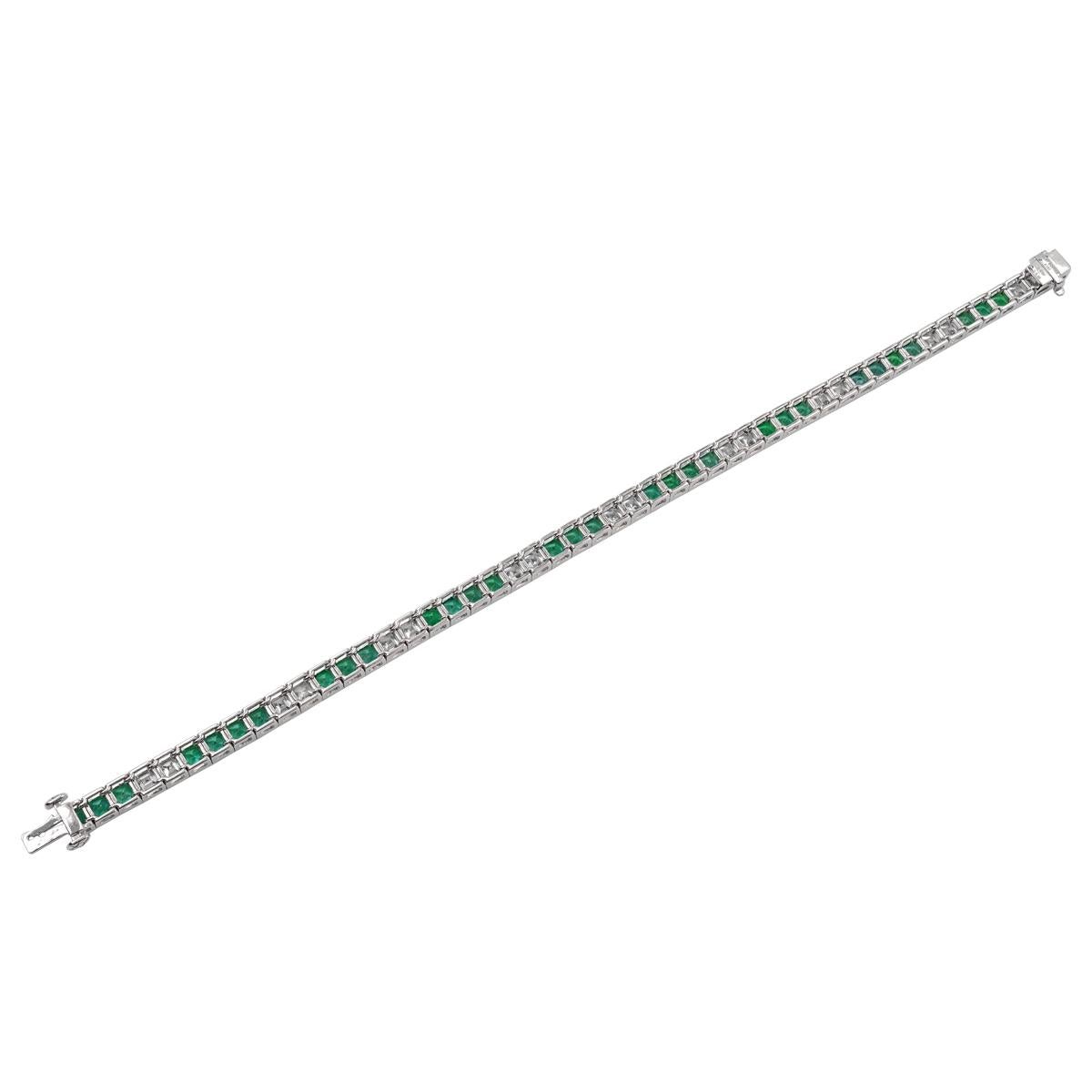 Sophia D. French Cut Emerald and Diamond Line Bracelet In New Condition For Sale In New York, NY