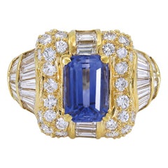 Vintage Sophia D. Emerald Cut Center Blue Sapphire and Diamonds Dome Ring