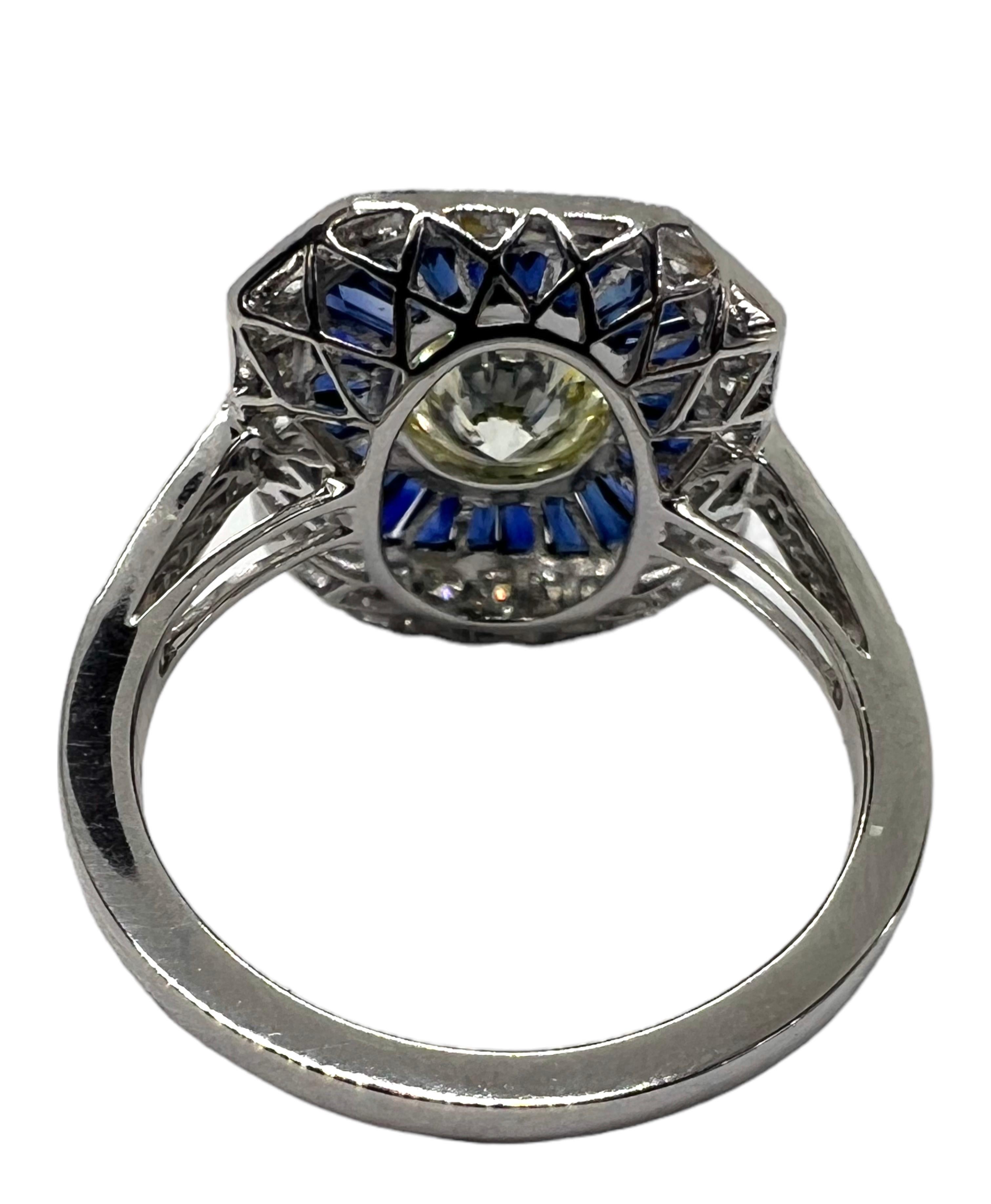 Round Cut Sophia D. GIA Certified Diamond and Blue Sapphire Art Deco Ring For Sale