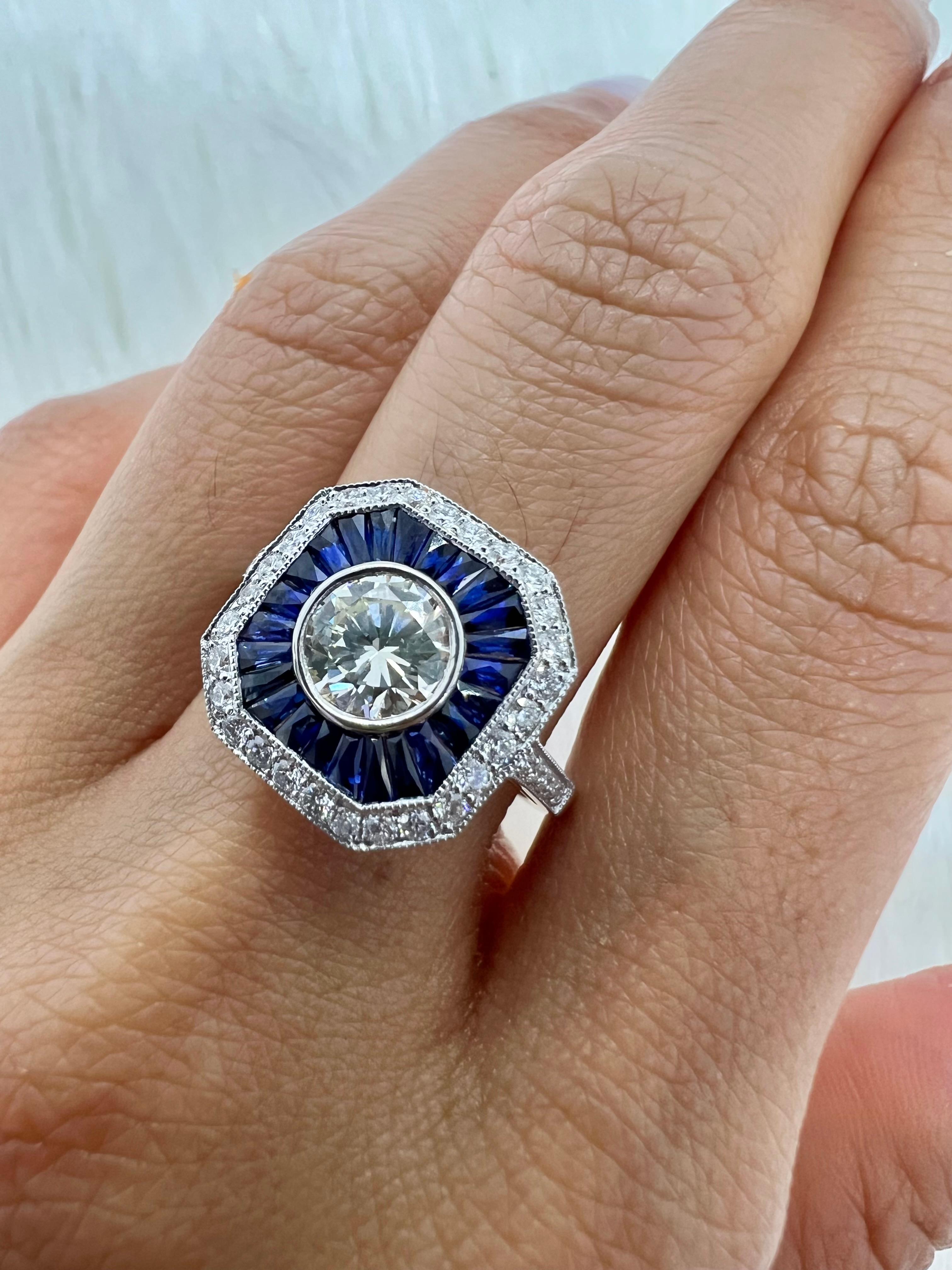 Sophia D. GIA Certified Diamond and Blue Sapphire Art Deco Ring In New Condition For Sale In New York, NY