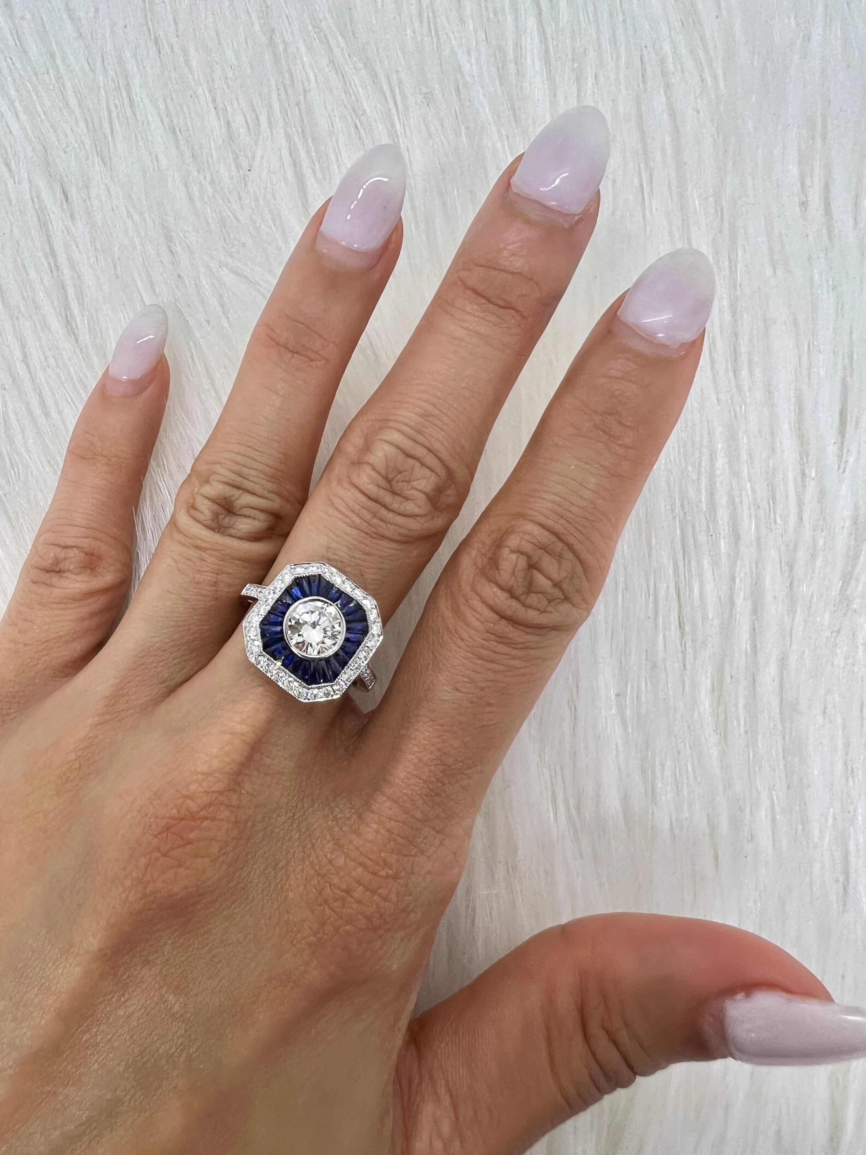 Women's or Men's Sophia D. GIA Certified Diamond and Blue Sapphire Art Deco Ring For Sale