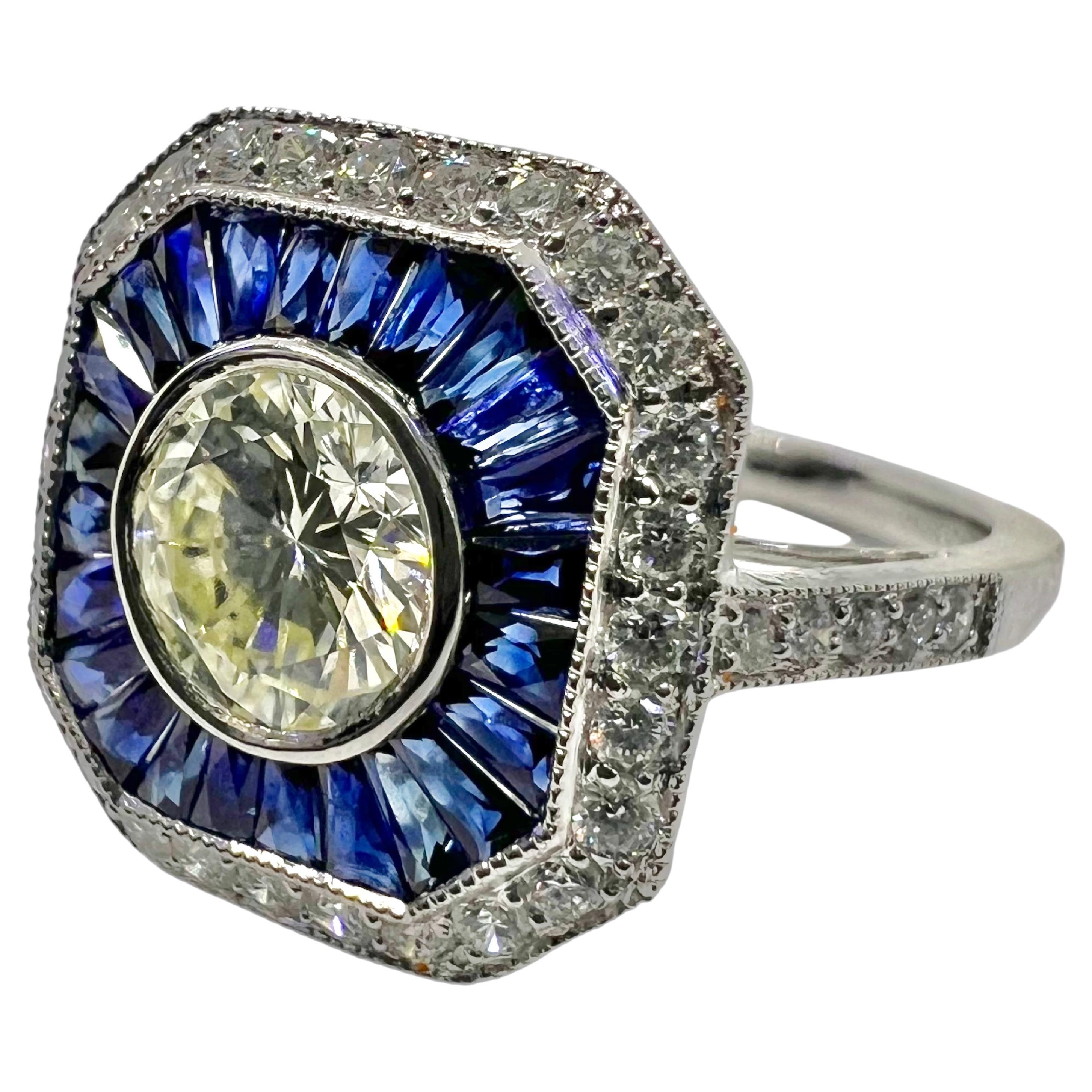 Sophia D. GIA Certified Diamond and Blue Sapphire Art Deco Ring For Sale